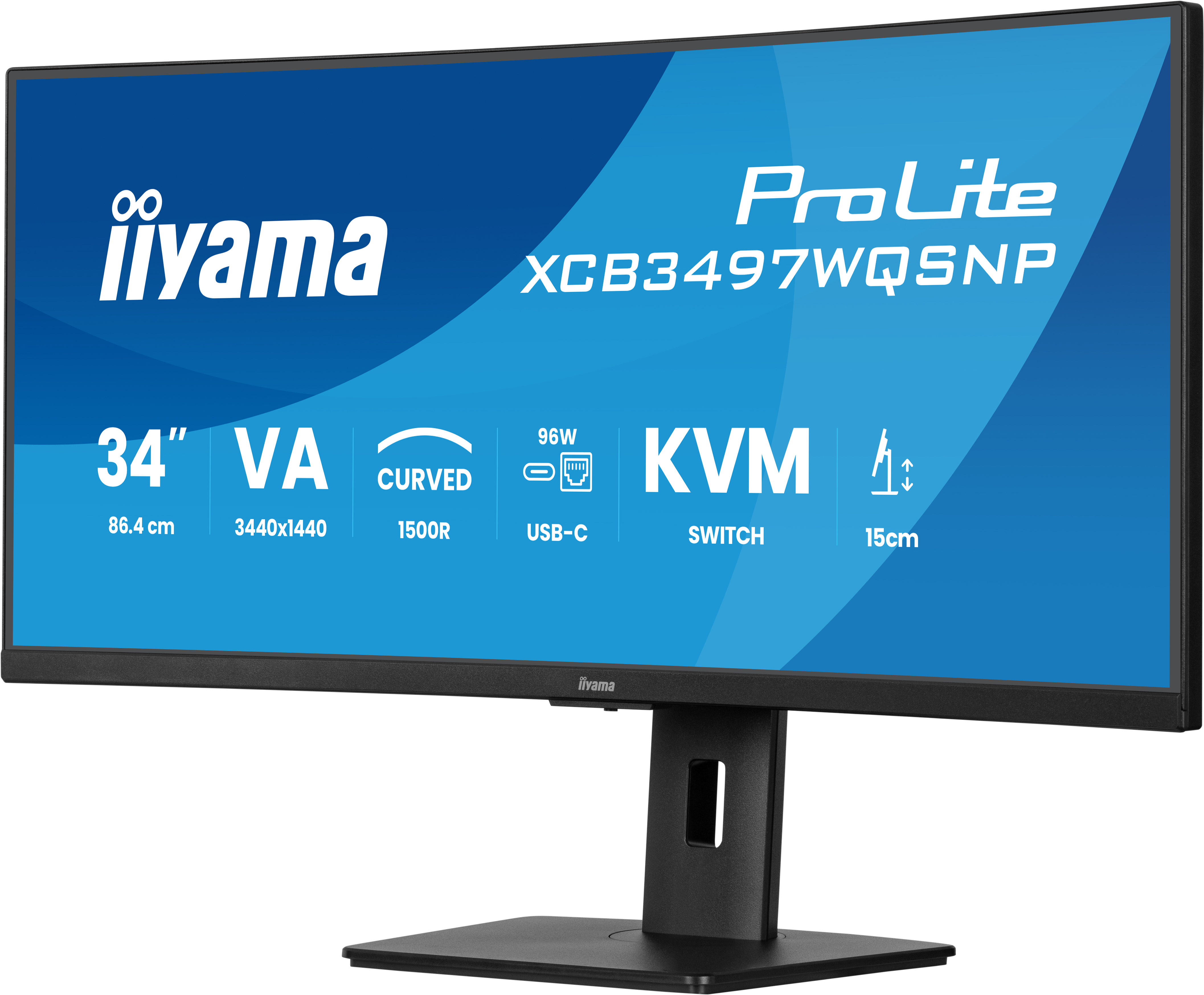 Gebogen computermonitor, met diverse specificaties en branding. Zwart frame en standaard.
