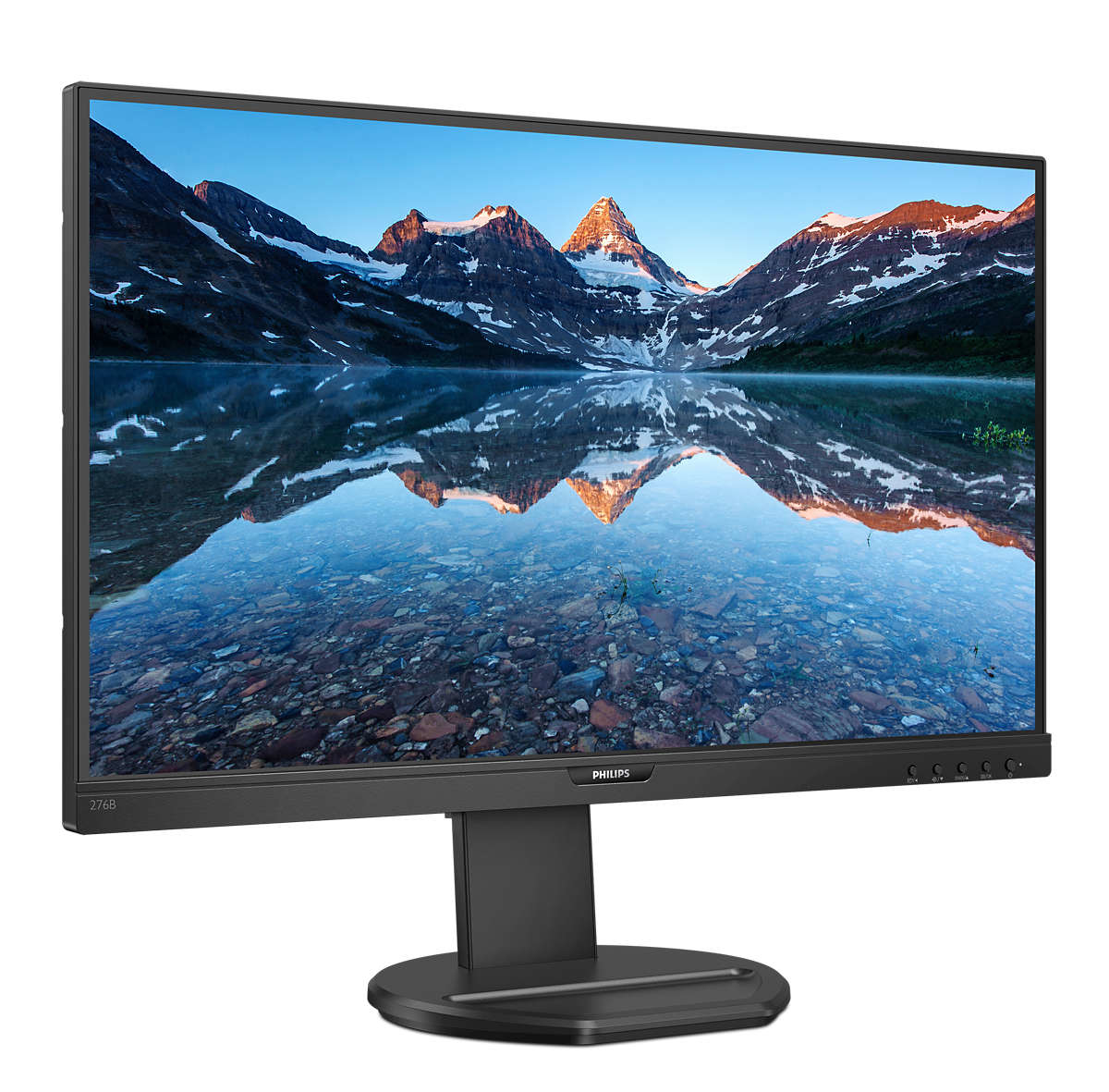Philips monitor displaying mountain landscape, black frame, black stand, white background.
