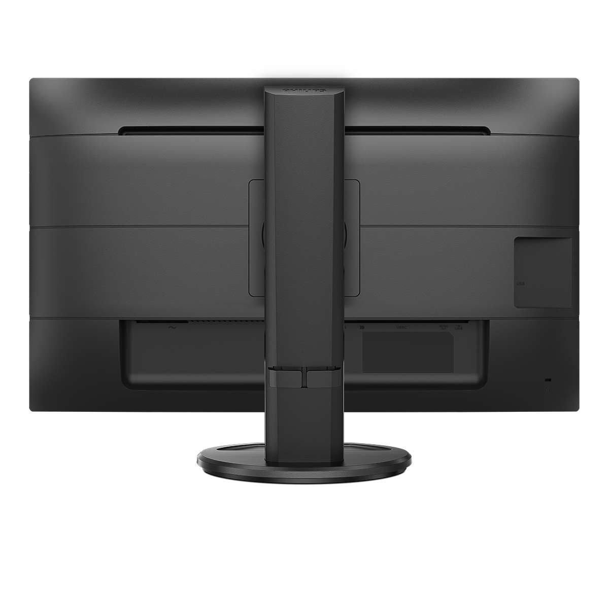 Back view of a black computer monitor with a stand and ports.