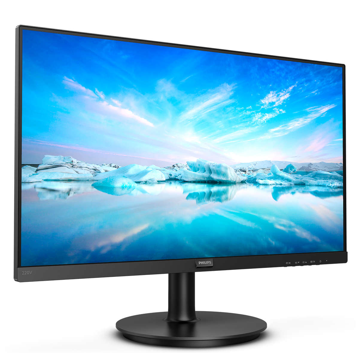 Monitor Philips che mostra un paesaggio ghiacciato. Il monitor è su una base nera.