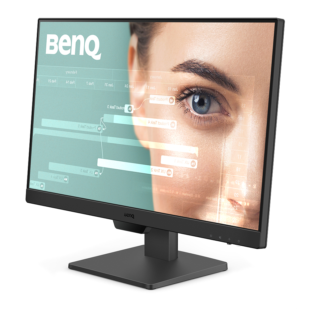Schwarzer BenQ-Monitor, der ein Frauenauge und Grafikdaten anzeigt. Der Bildschirm ist geneigt.