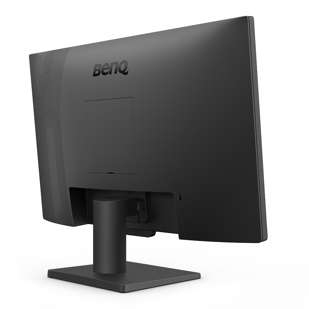 Schwarze BenQ Monitor Rückansicht. Monitor steht auf einem Ständer. Anschlüsse und Logo hinten.