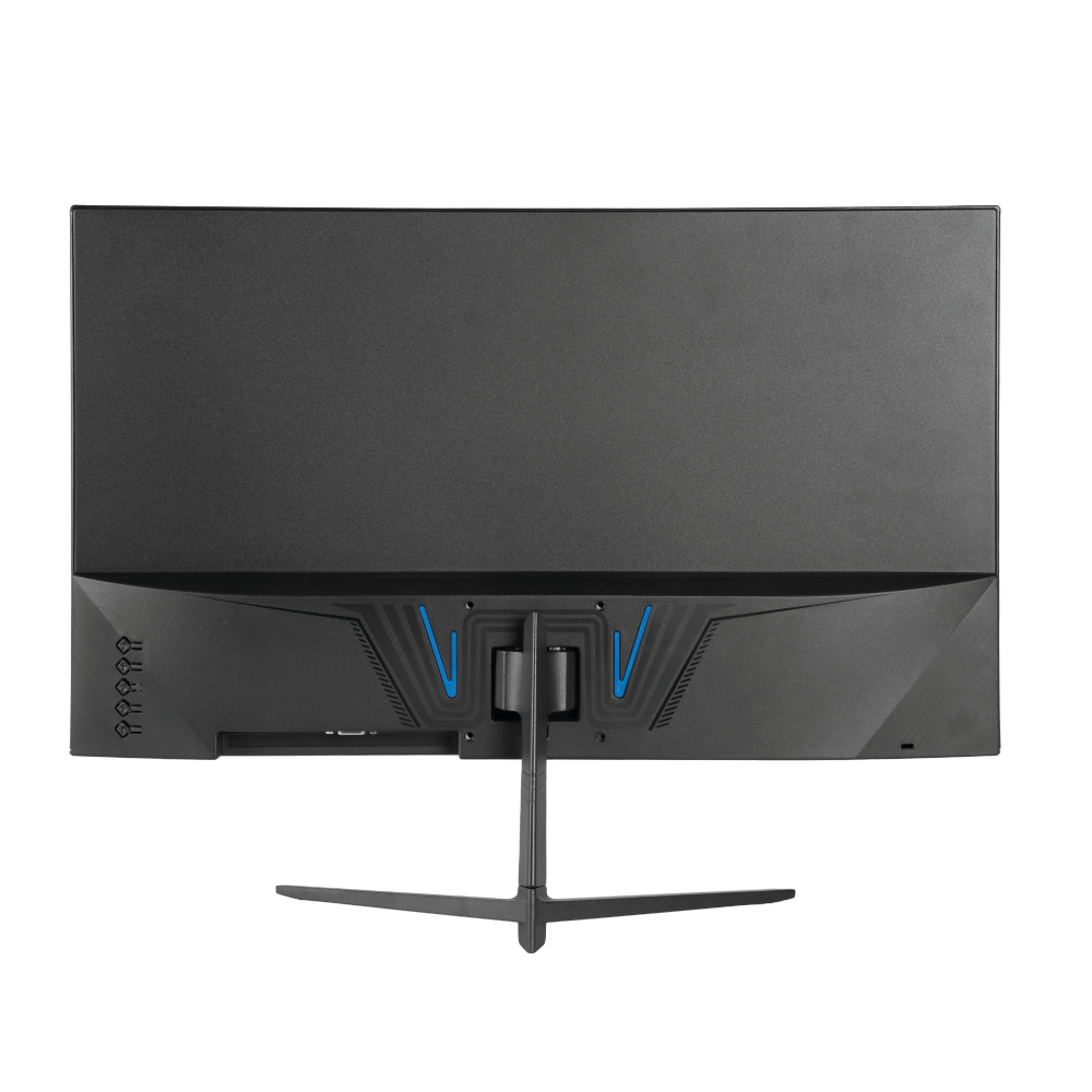 Parte trasera de monitor negro. Tiene soporte y elementos de diseño azul. Aislado sobre fondo blanco.