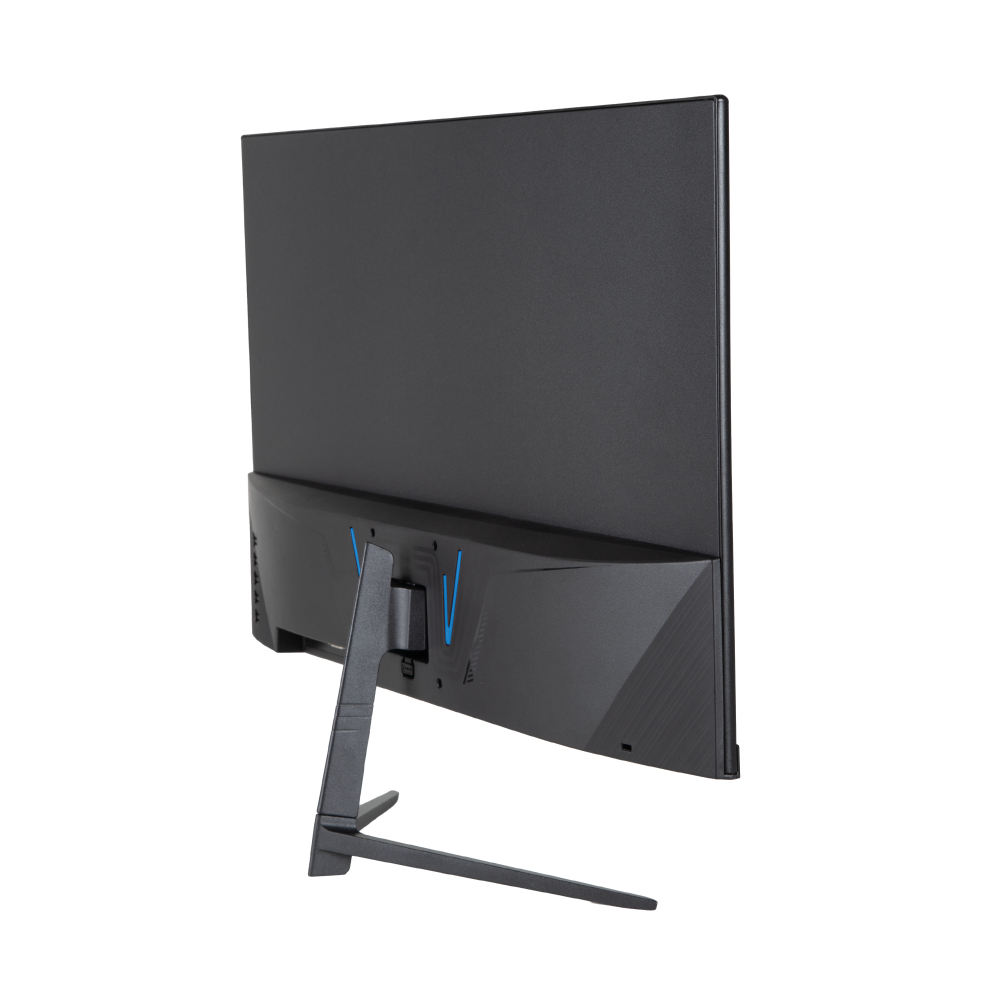 Vista trasera de un monitor negro con soporte y un elemento de diseño azul, en ángulo lateral.