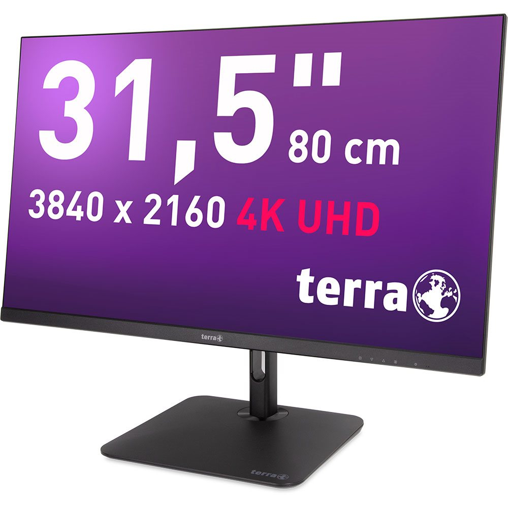 Monitor Terra. Wyświetlacz pokazuje 31,5", 80 cm, 4K UHD, informacje o rozdzielczości i tekst.