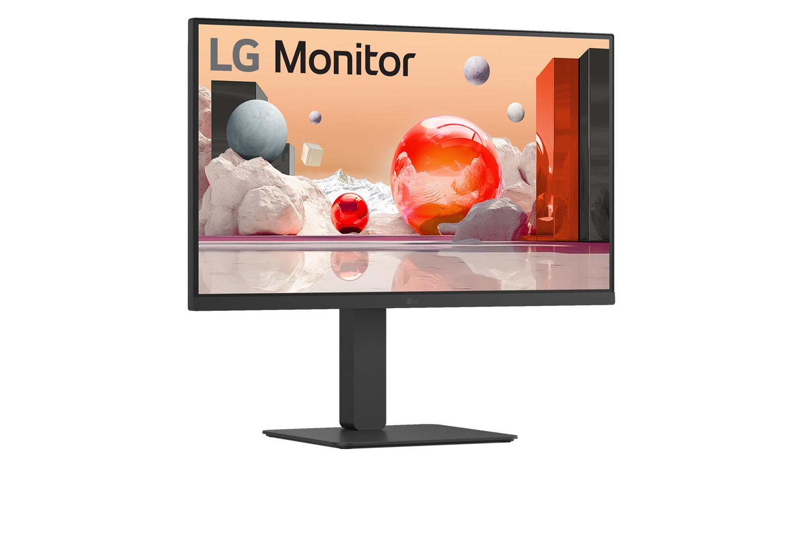 Monitor LG wyświetla abstrakcyjny wzór z kulami i kostką.