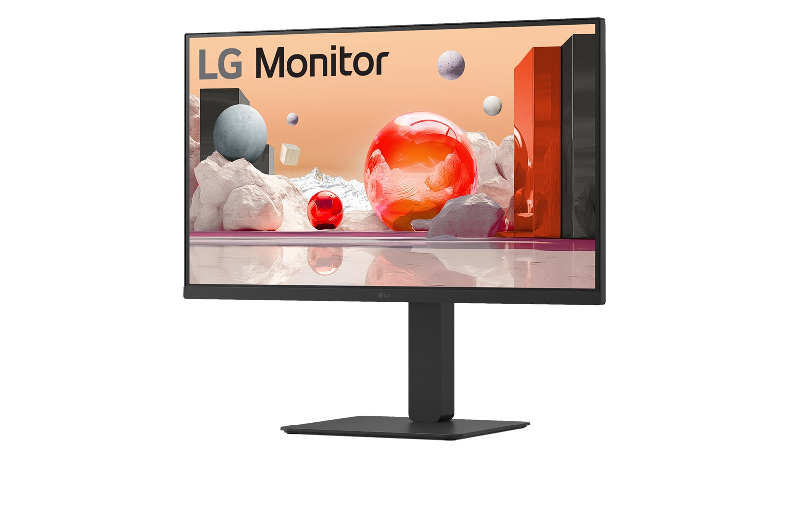Monitor LG, widok pod kątem, wyświetlający abstrakcyjny, kolorowy obraz z czerwonymi sferami.