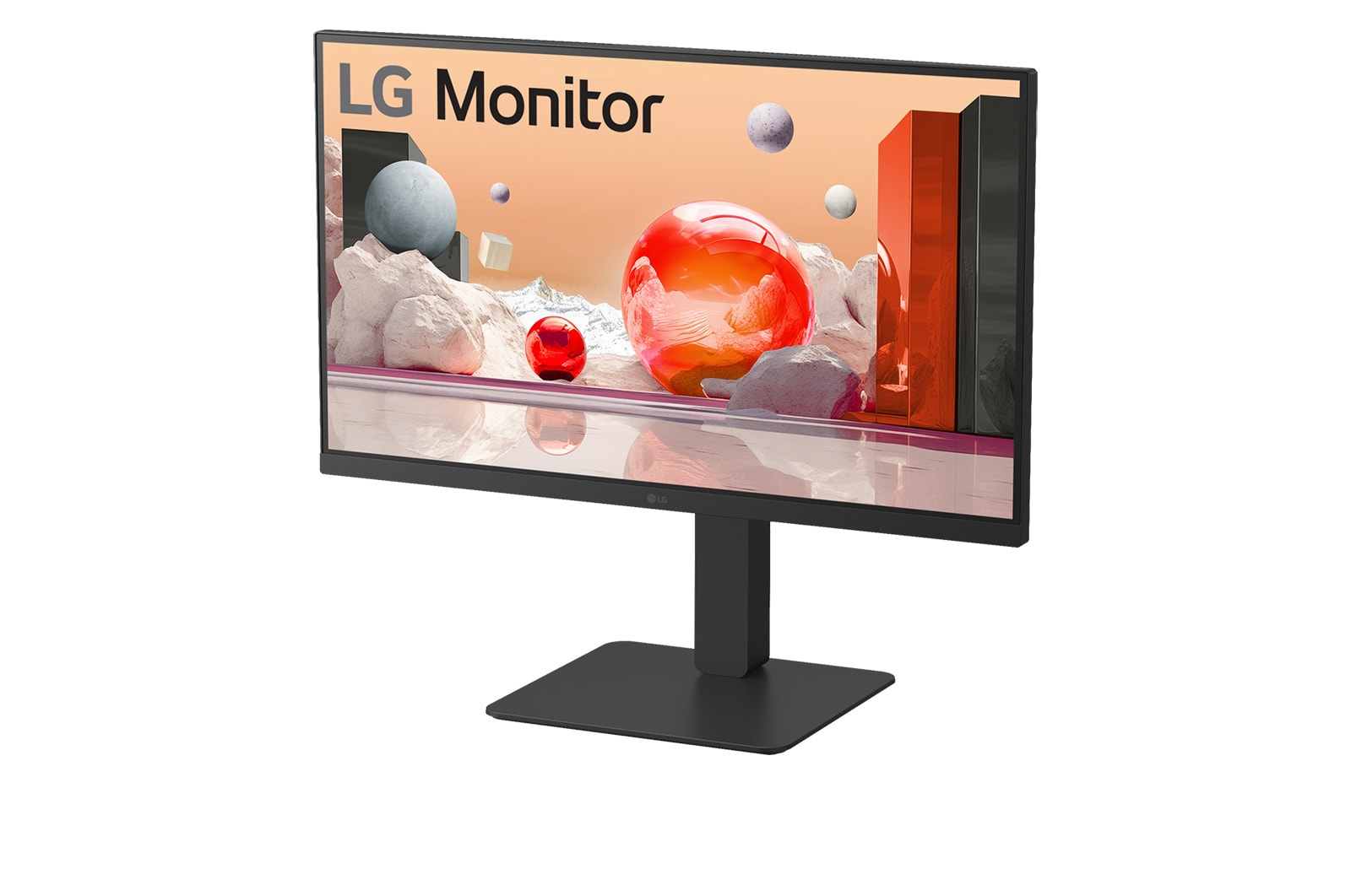 Monitor LG wyświetla abstrakcyjny obraz z kulami i geometrycznymi kształtami w pokoju.
