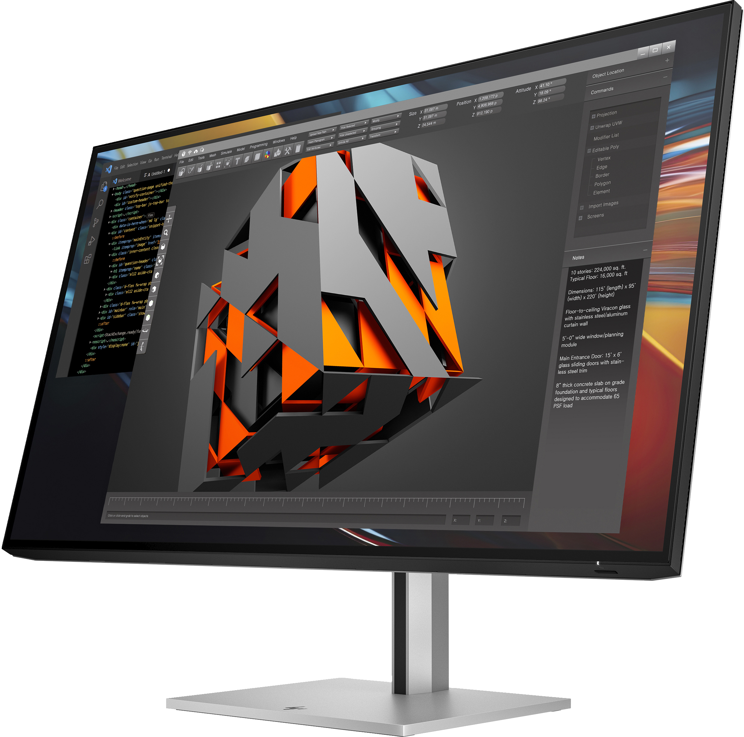 Monitor komputerowy wyświetlający model CAD 3D z pomarańczowymi detalami.