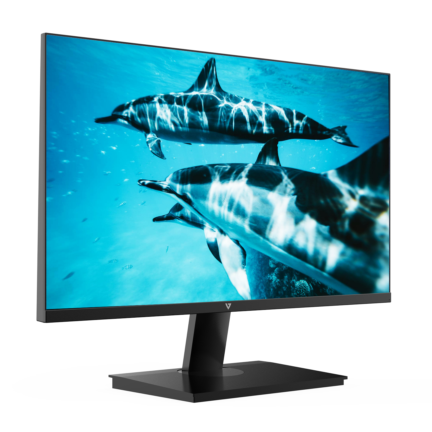 Un monitor que muestra delfines en el océano. La pantalla es negra y el bisel es negro.
