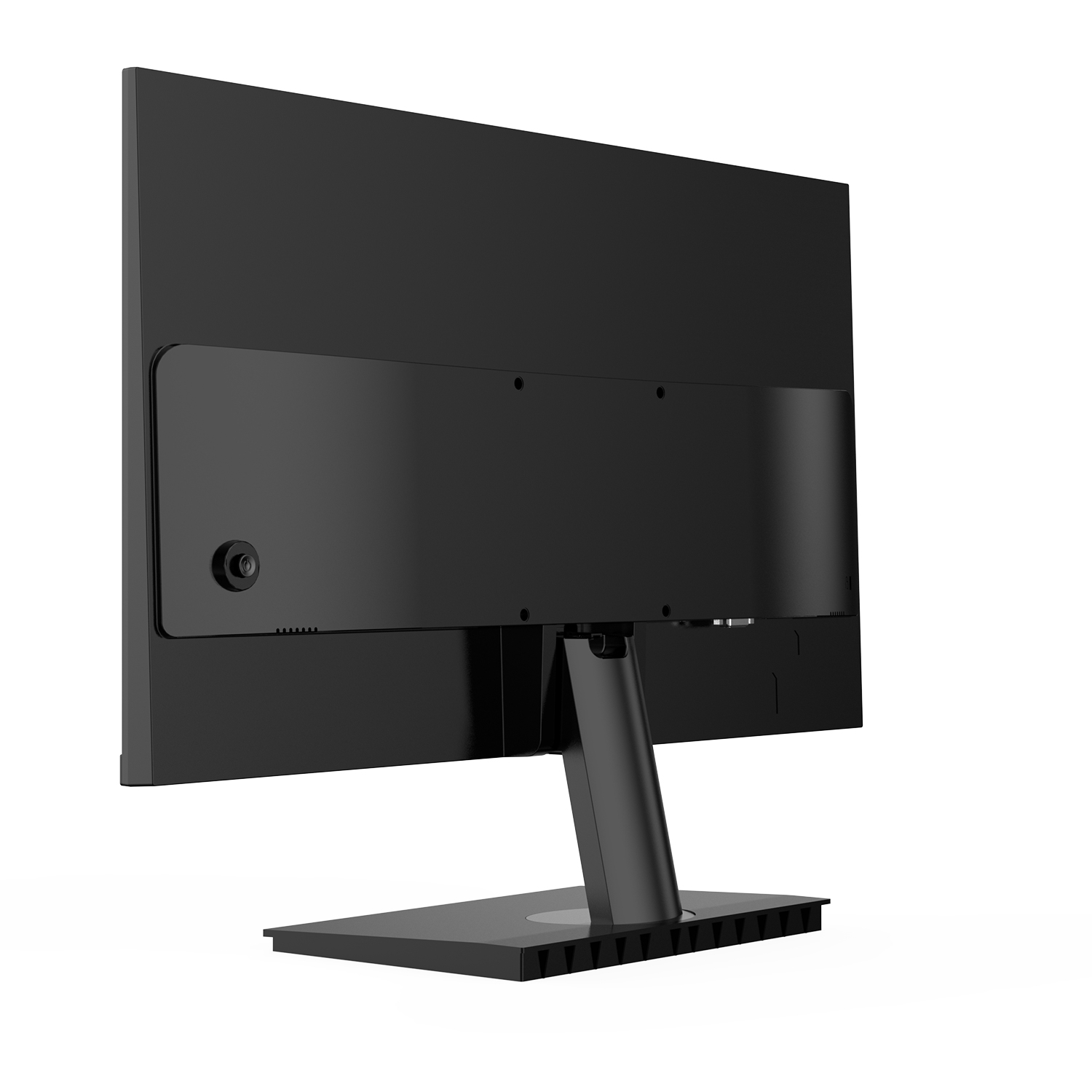 La parte trasera de un monitor negro. Muestra el soporte, los puertos y la ventilación, con un fondo blanco.