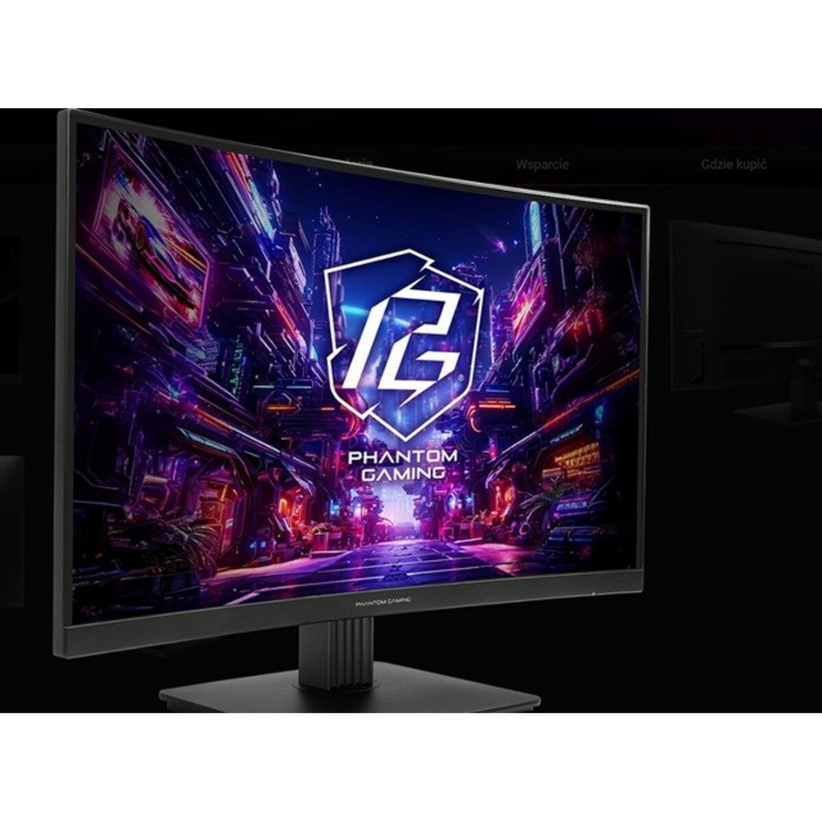 Monitor komputera wyświetla kolorową grafikę z gry i logo Phantom Gaming na czarnym tle.