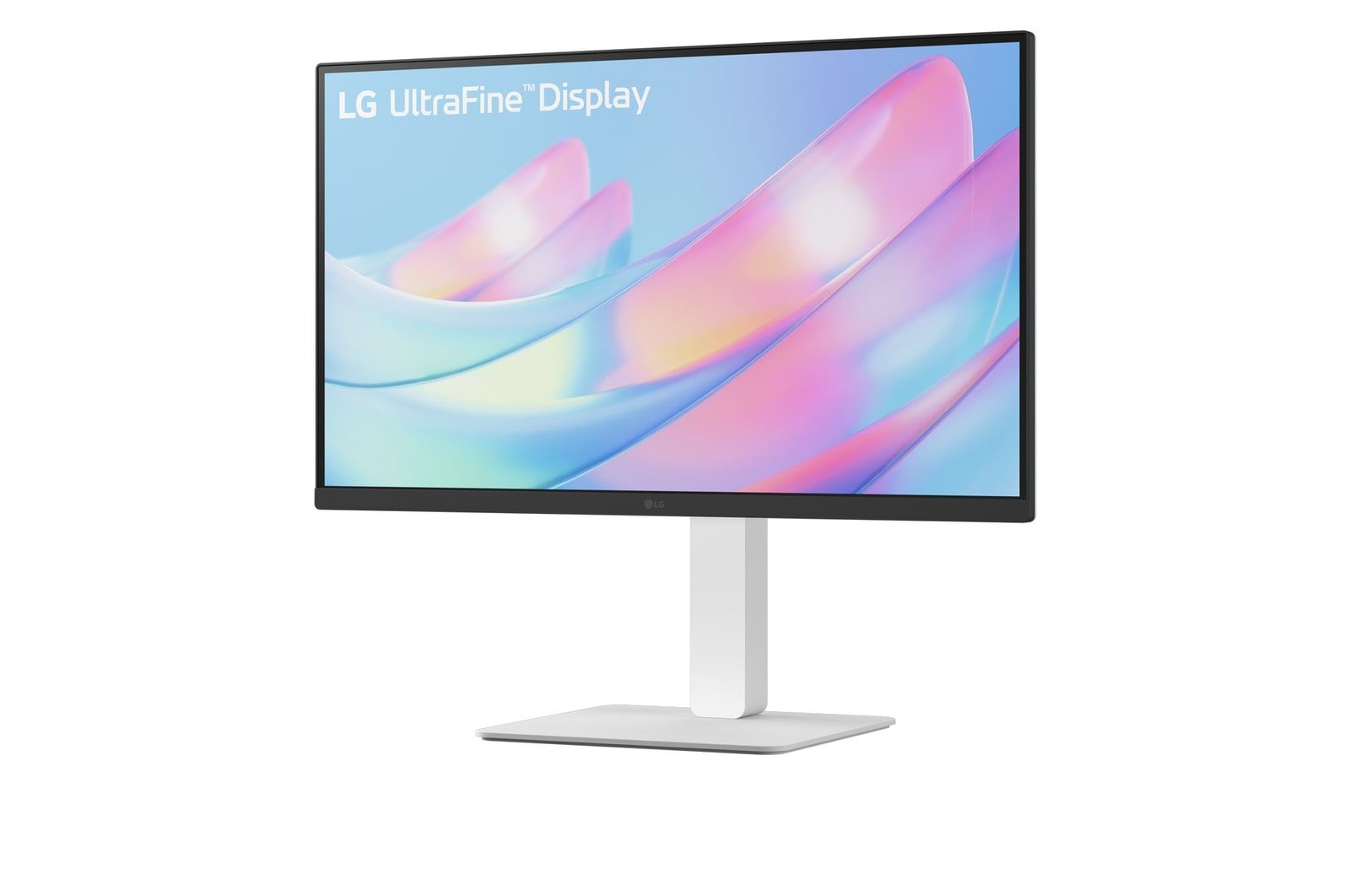 Monitor LG UltraFine Display z białym stojakiem, wyświetlający sztukę abstrakcyjną.