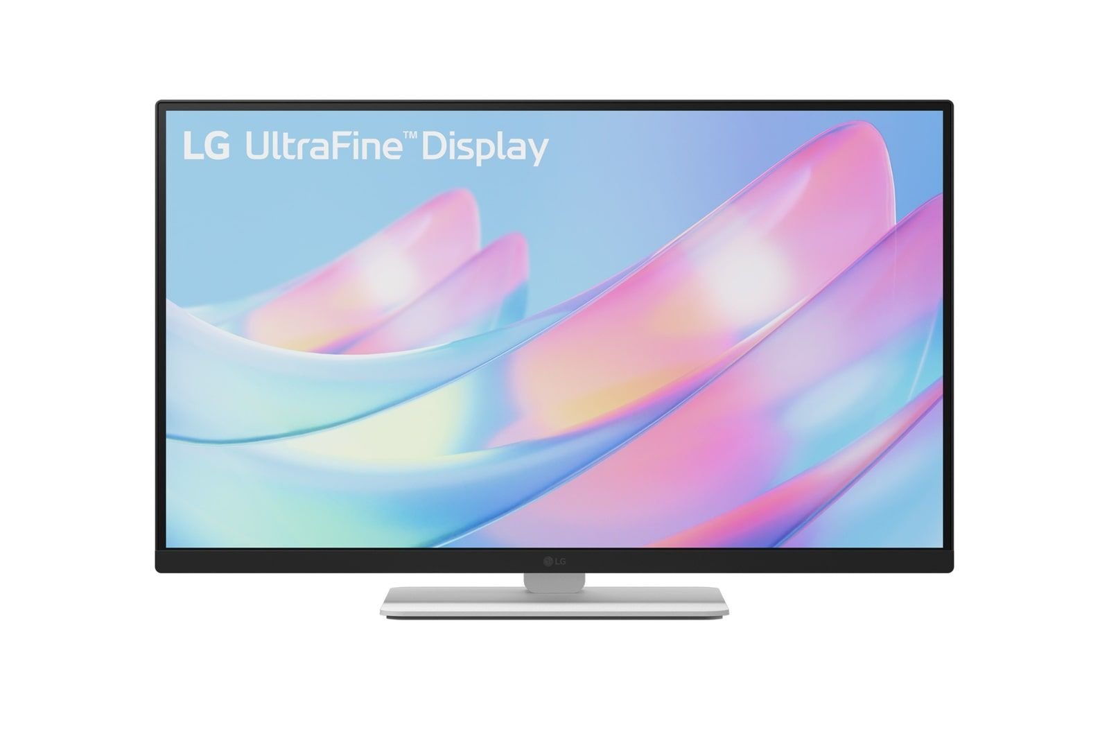Monitor LG UltraFine Display wyświetla abstrakcyjne różowe i białe kształty. Ma srebrną podstawę i białe tło.