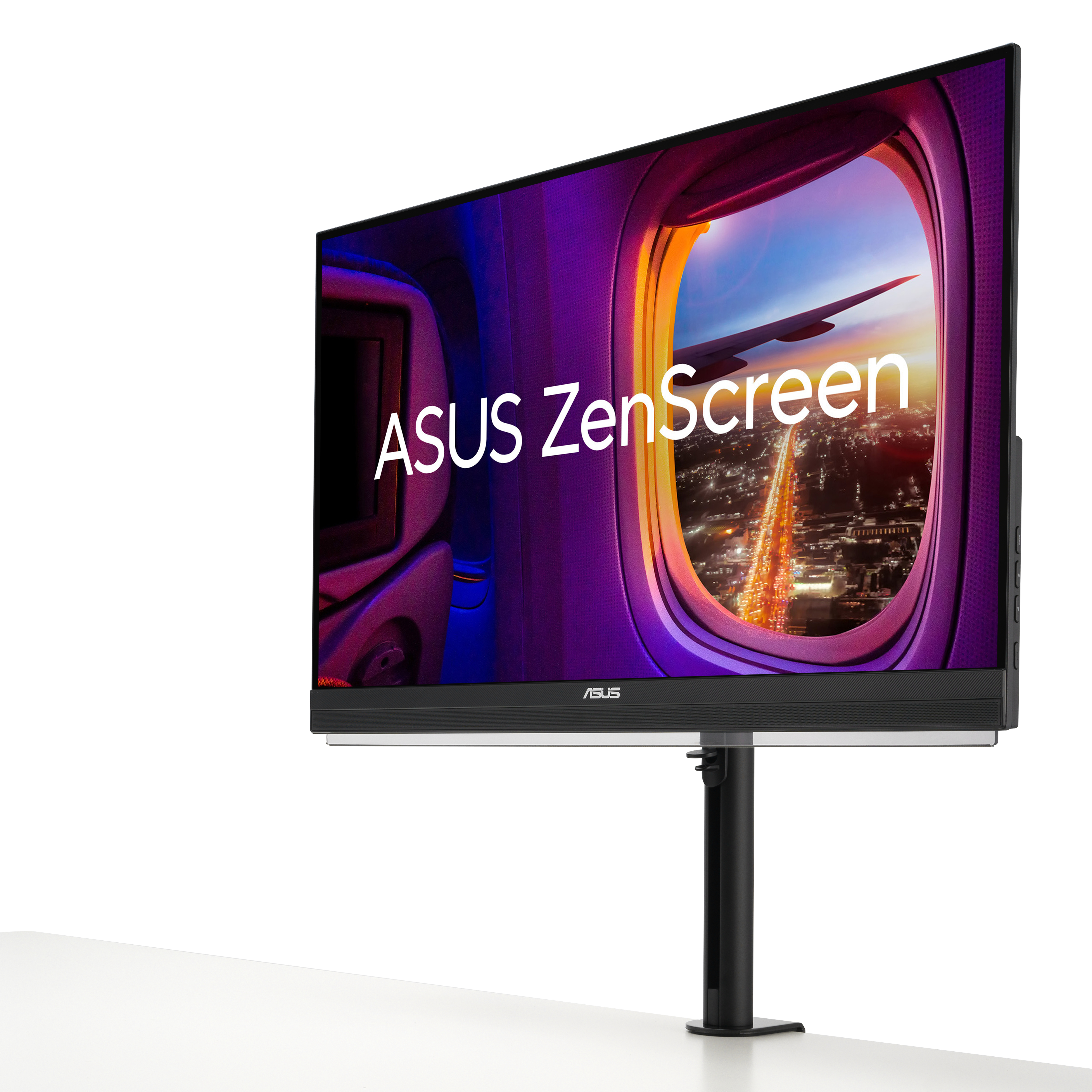 ASUS ZenScreen monitör, gece uçak penceresi görünümü.