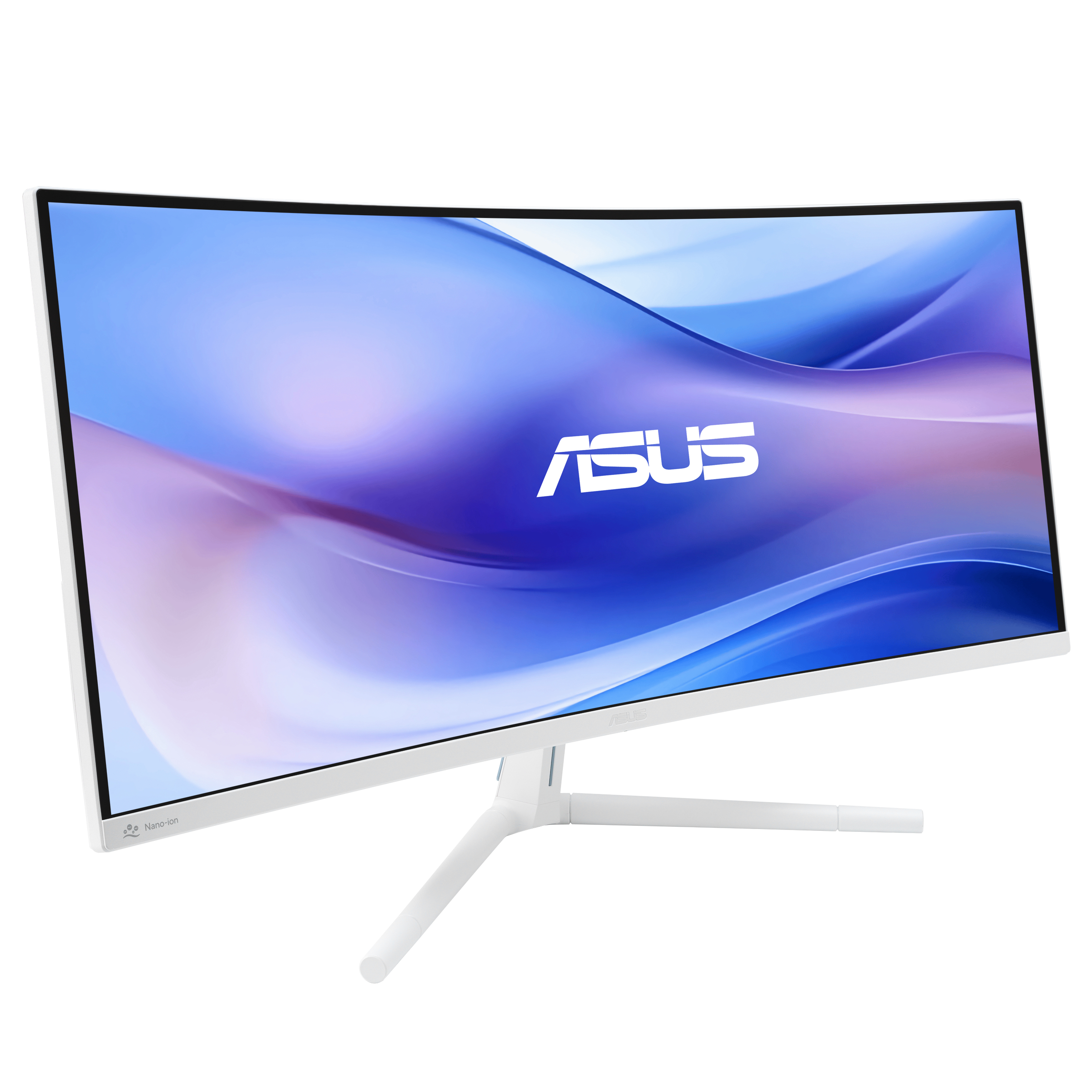 Biały zakrzywiony monitor ASUS z niebiesko-fioletowym abstrakcyjnym tłem.
