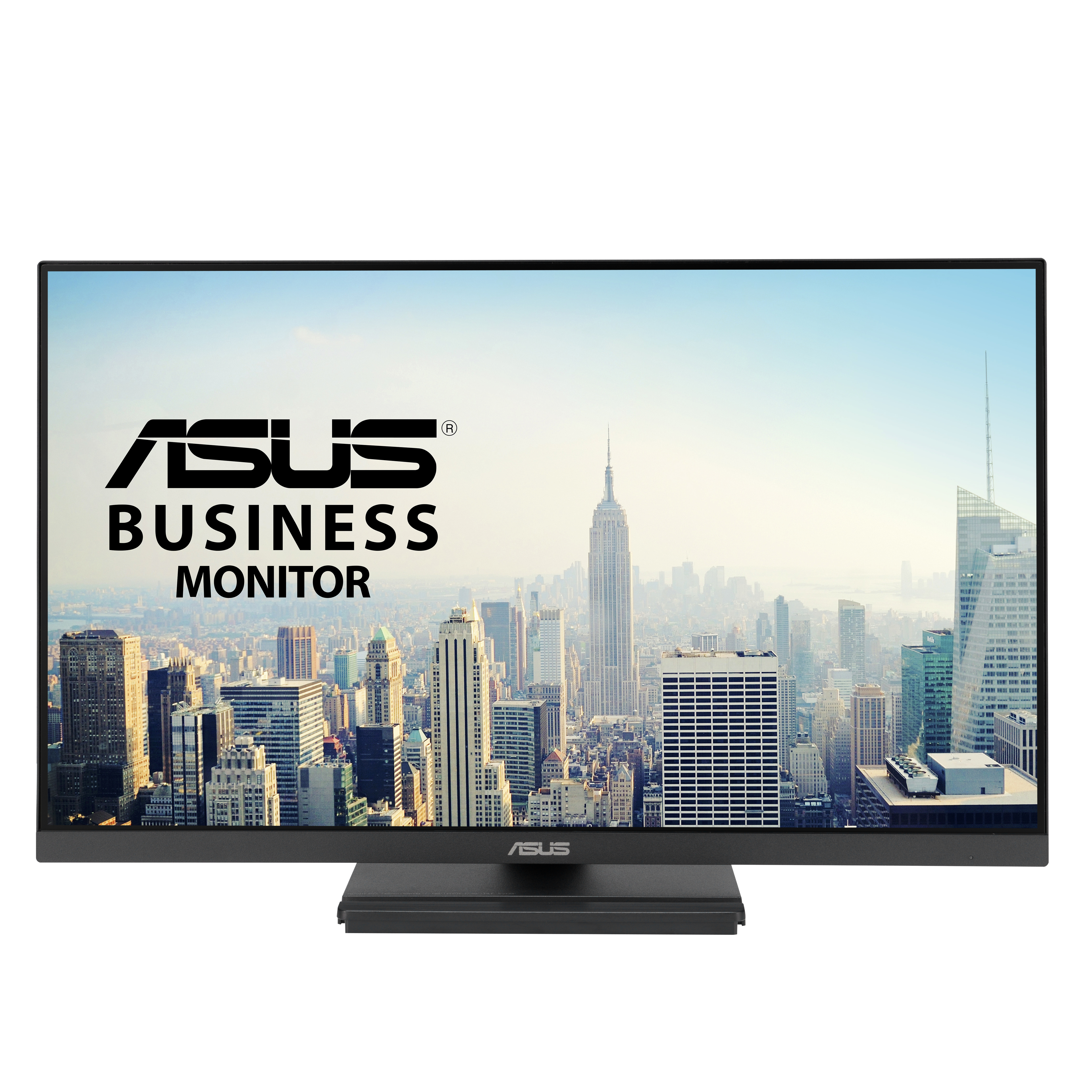 Monitor ASUS Business z panoramą miasta na ekranie. Czarna ramka i podstawa.