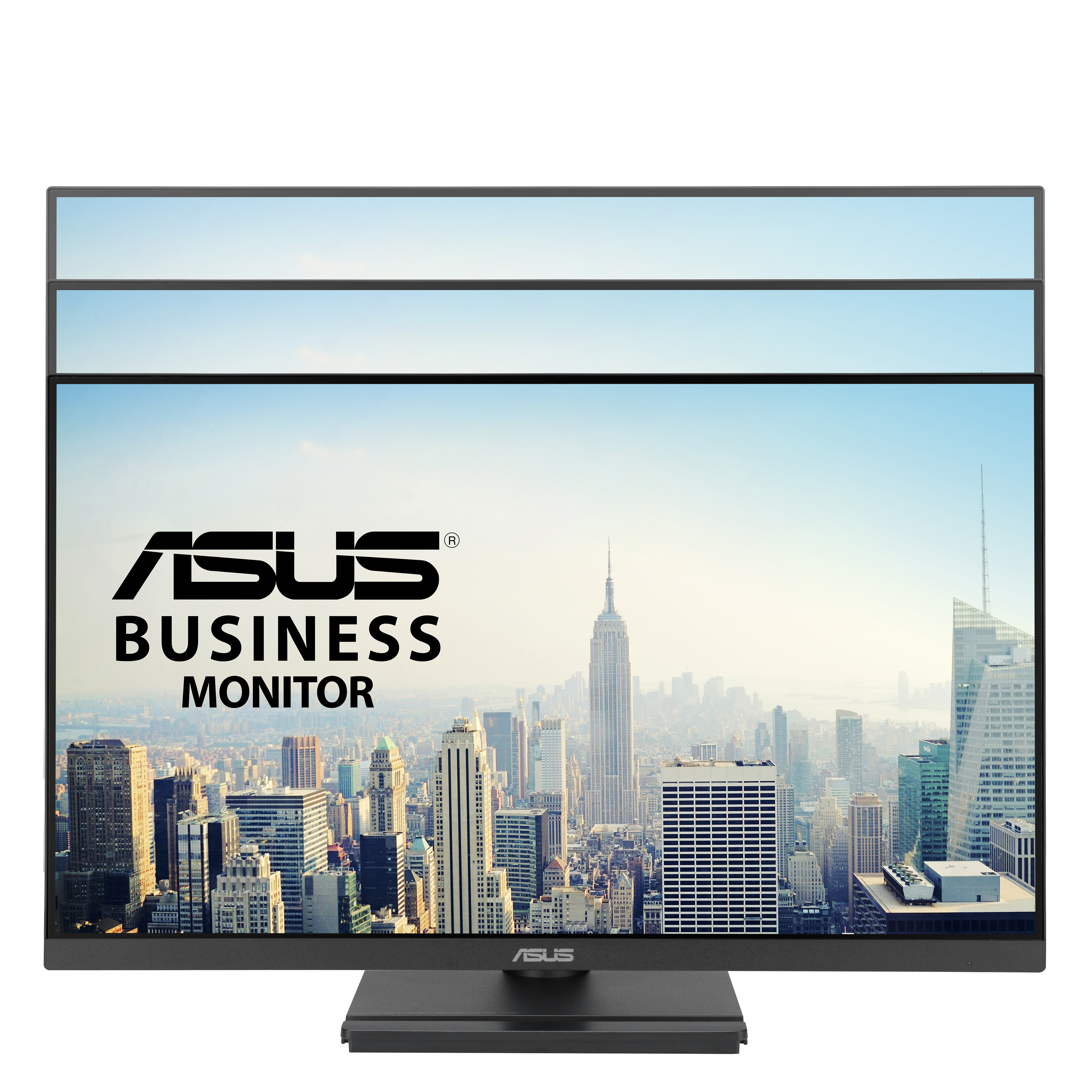 ASUS Business Monitor wyświetlający panoramę miasta. Czarny monitor z czarną podstawą.