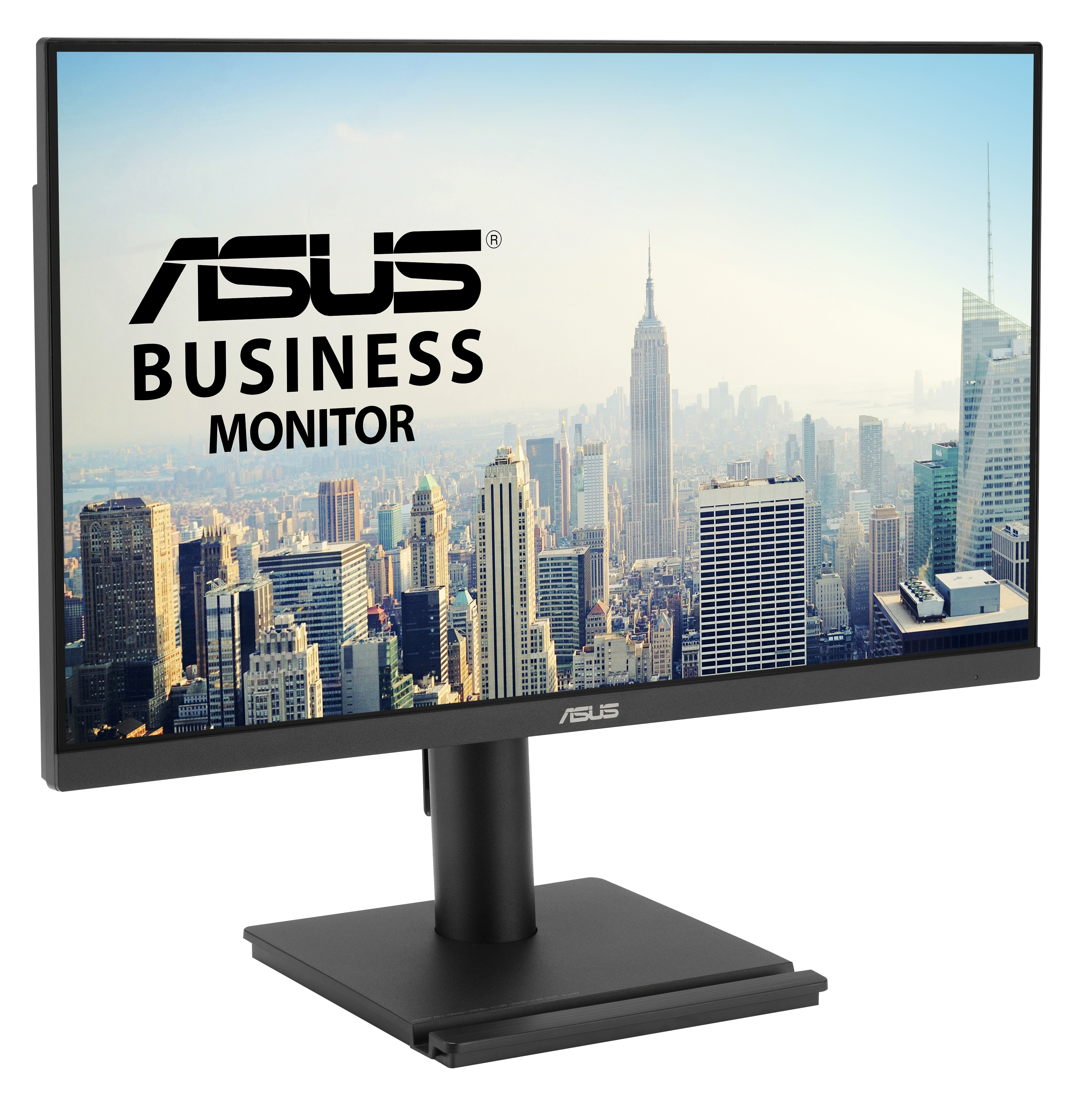 Monitor ASUS Business z panoramą miasta na ekranie. Czarna podstawa i stojak.