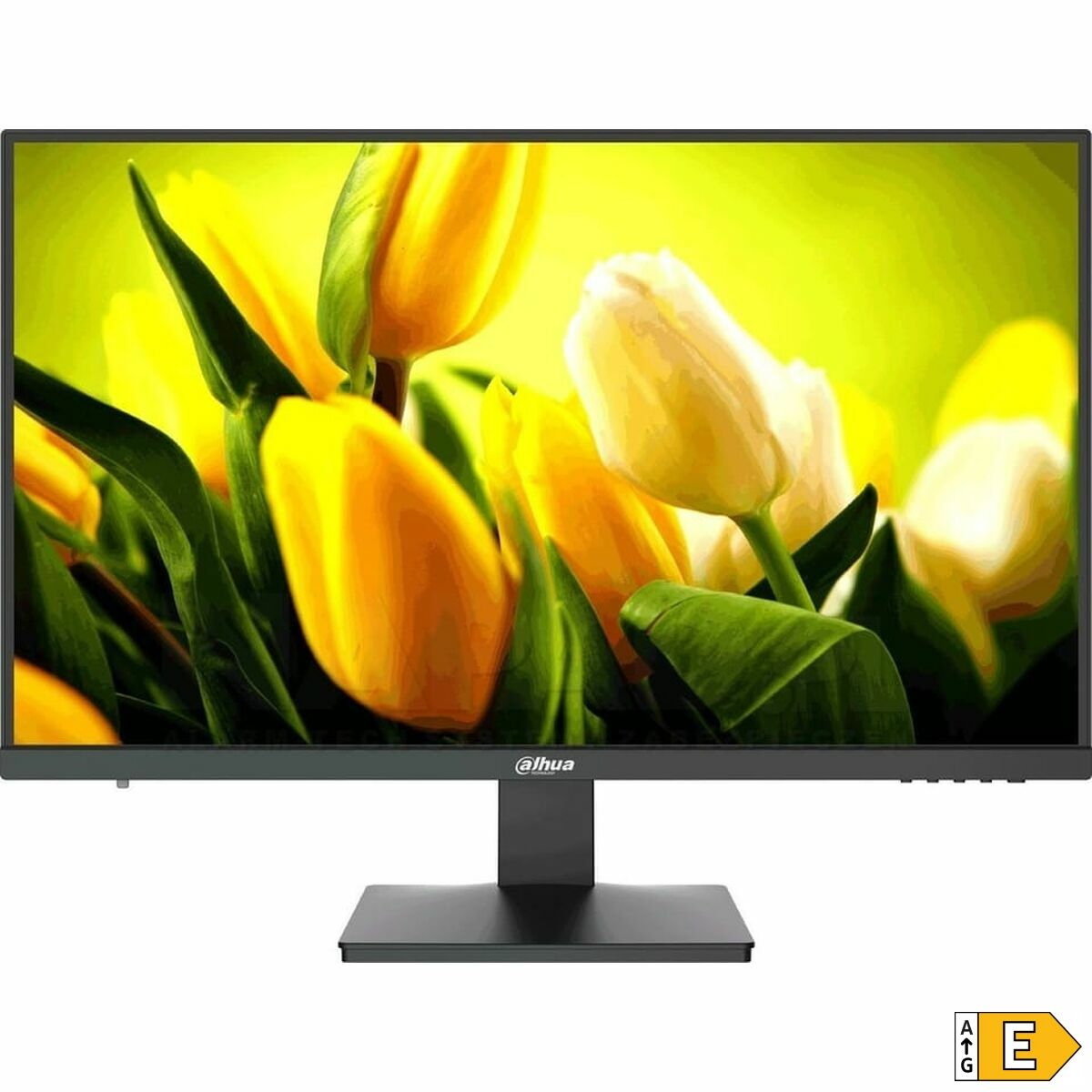 Un monitor con supporto nero mostra fiori gialli.