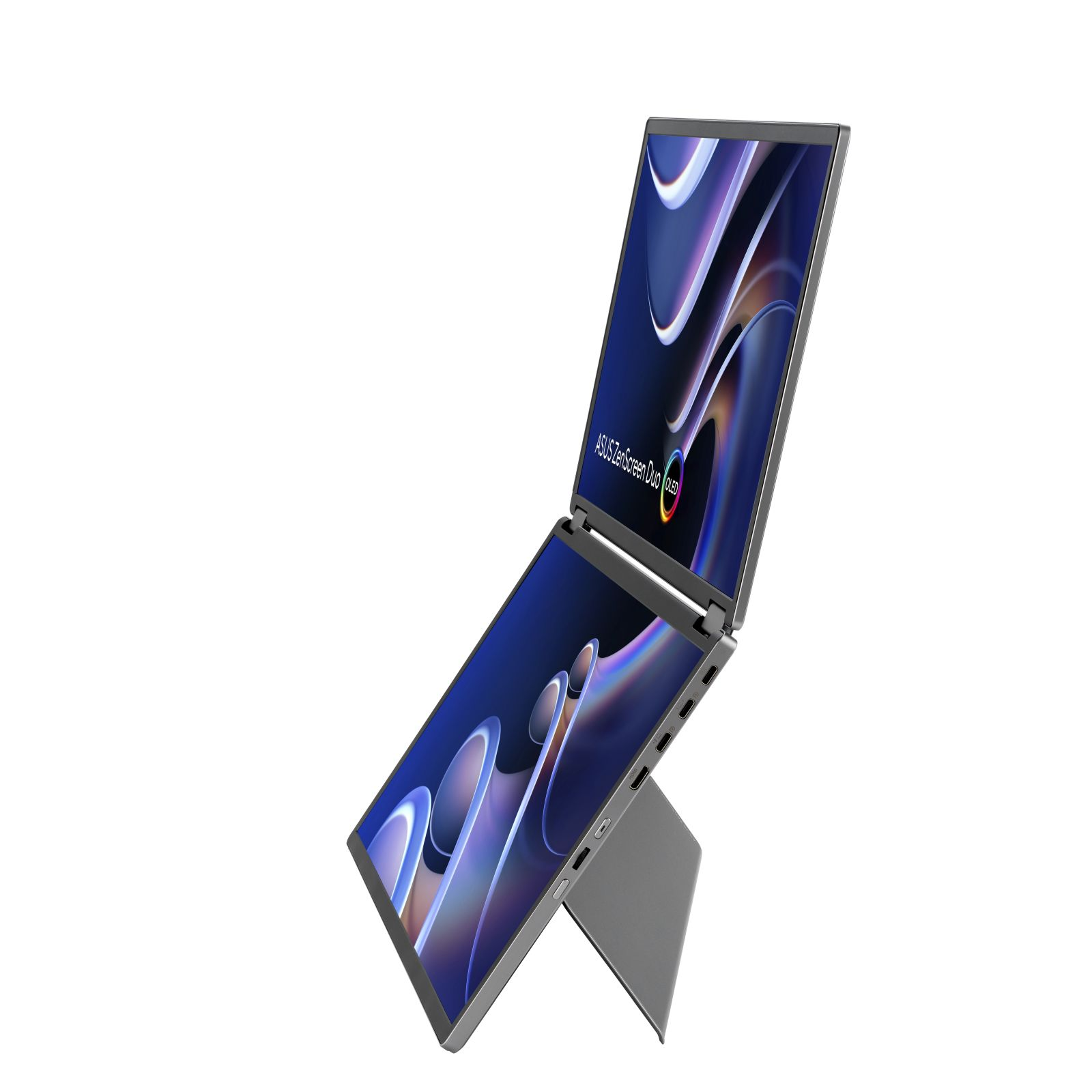 Laptop z dwoma otwartymi ekranami, szara ramka, białe tło.