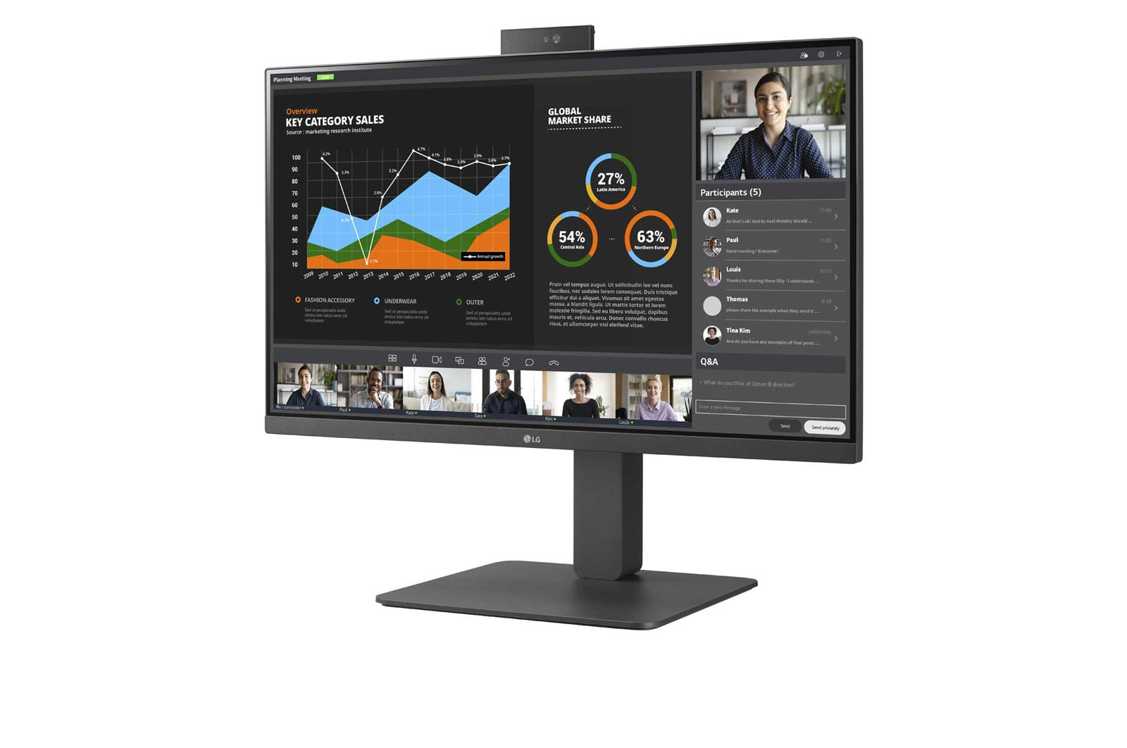 Monitor LG que muestra una reunión de negocios con gráficos y participantes en video. Soporte oscuro.
