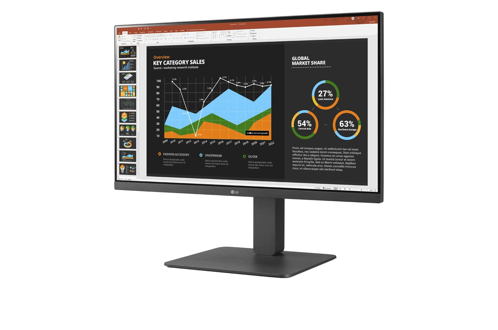 Monitor LG que muestra una presentación con gráficos y datos, con soporte.