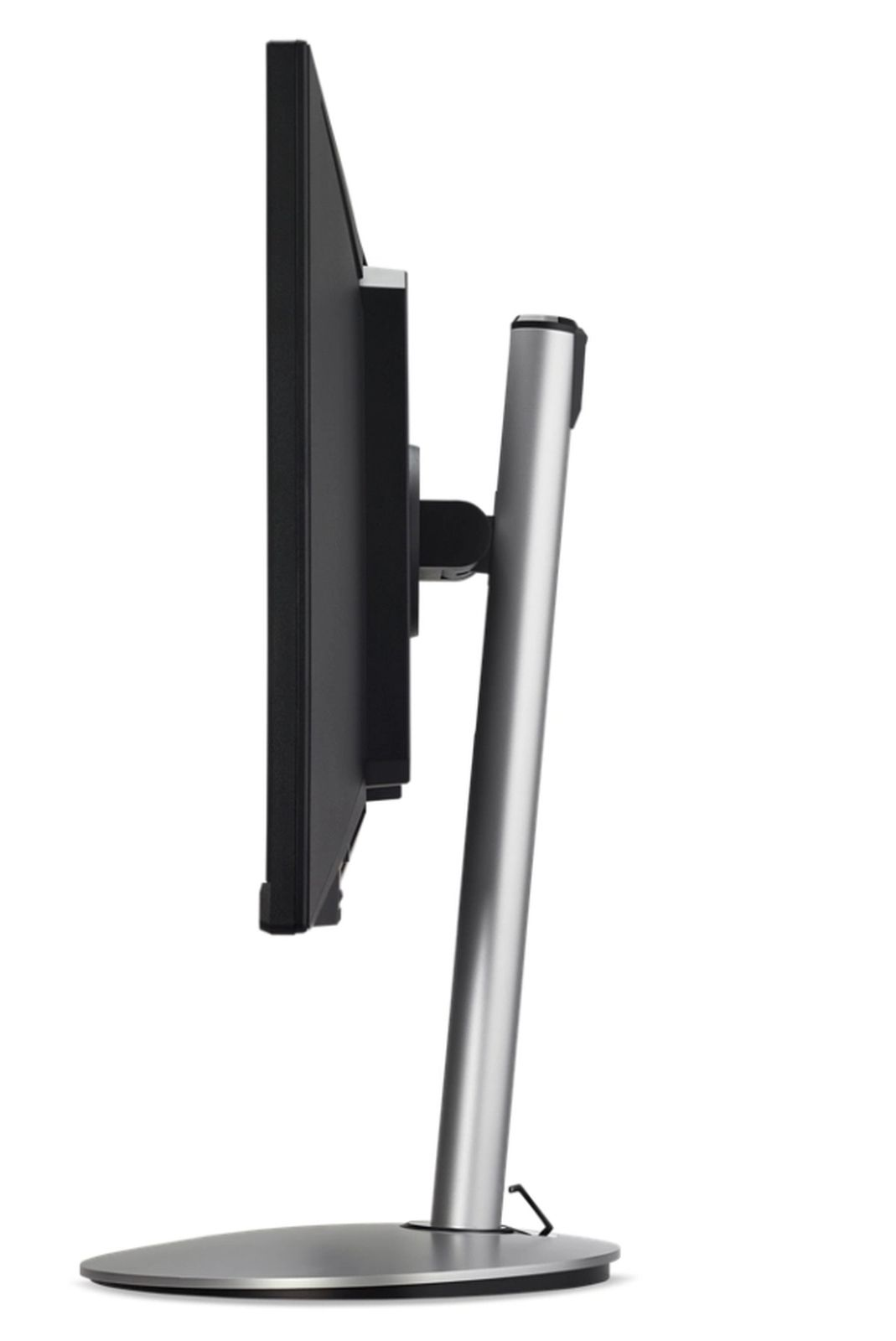 Widok z boku monitora ze srebrną podstawą i czarną ramką.