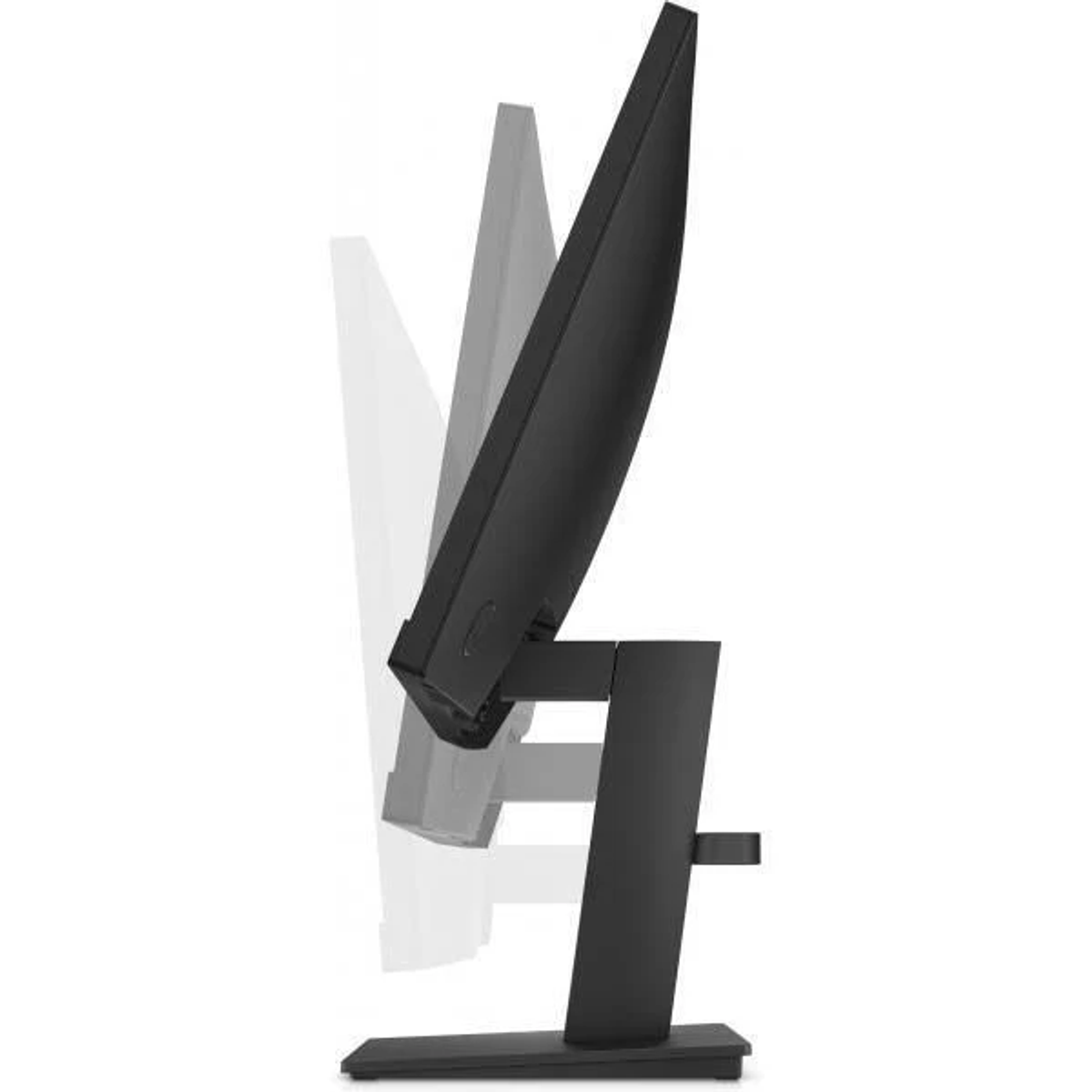 Monitor de computadora negro sobre un soporte, inclinado para mostrar el lateral.