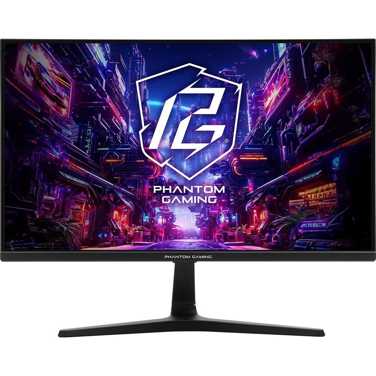 Monitor Phantom Gaming z czarną ramką. Grafika z gry z logo, na czarnej podstawie.