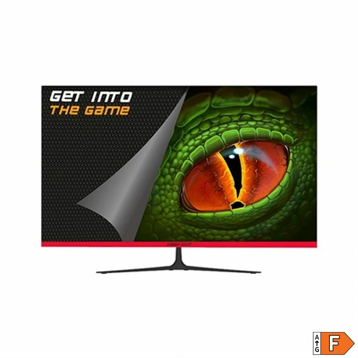 El monitor de juegos muestra un ojo verde y el texto "GET INTO THE GAME".