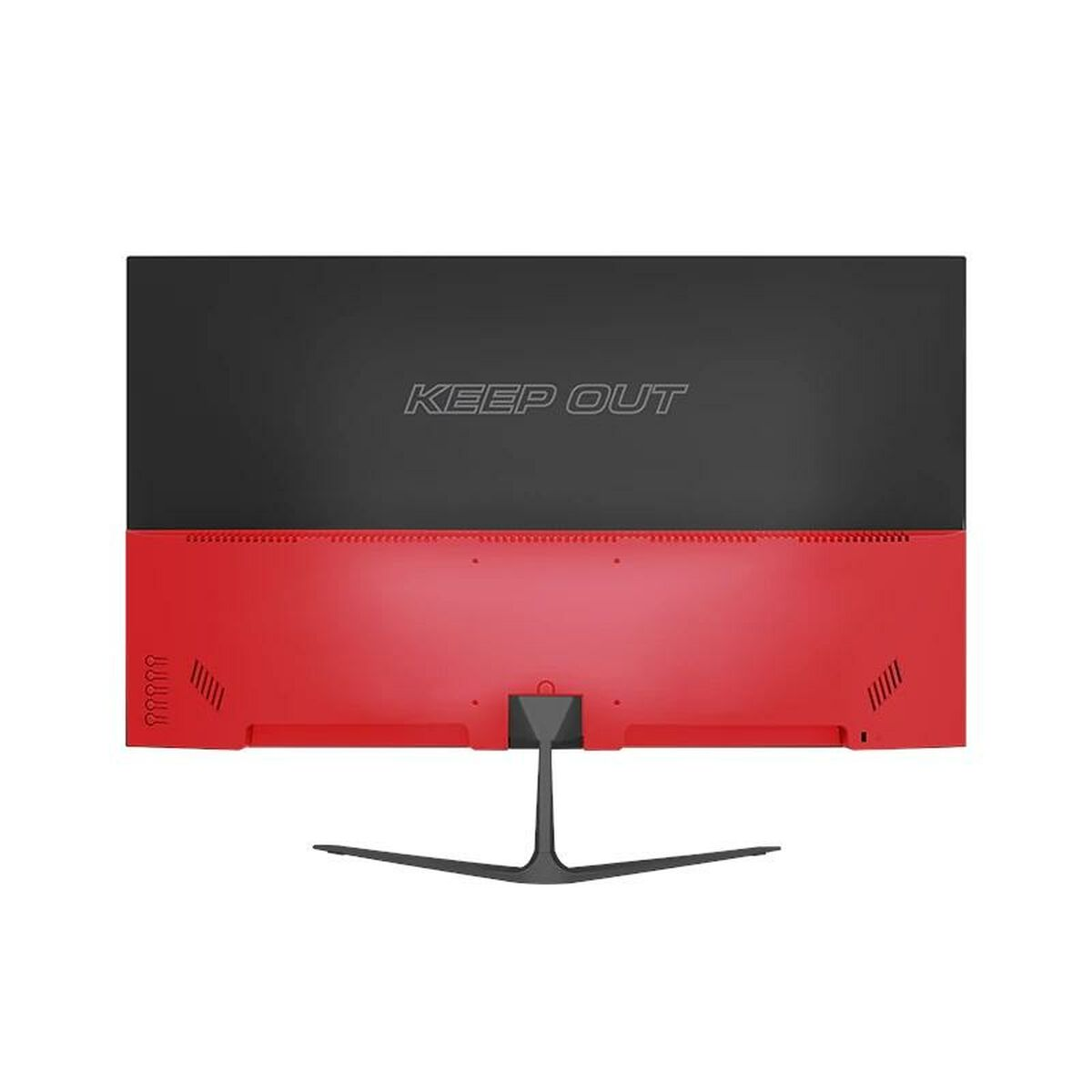 Parte trasera del monitor. Diseño negro y rojo. Texto 'KEEP OUT' visible.
