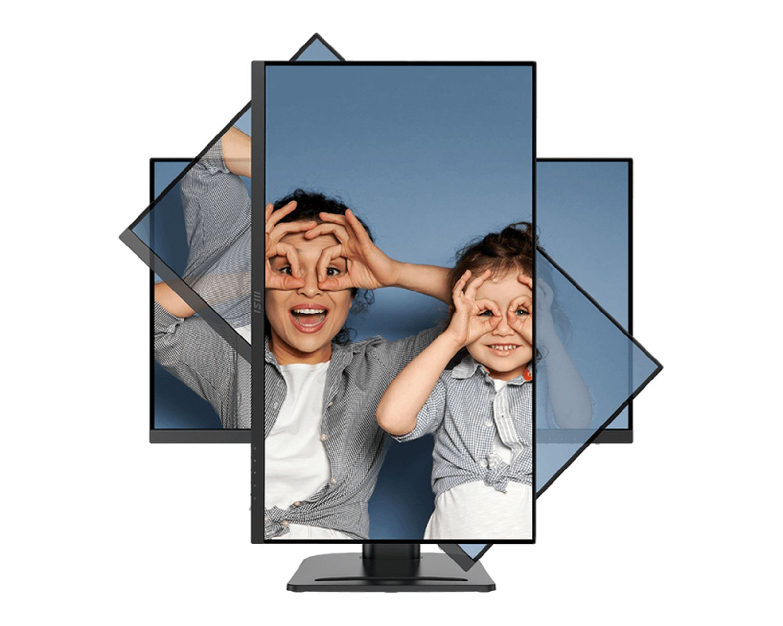 Trzy obracające się monitory z matką i dzieckiem wykonującymi gesty 'oczu'.