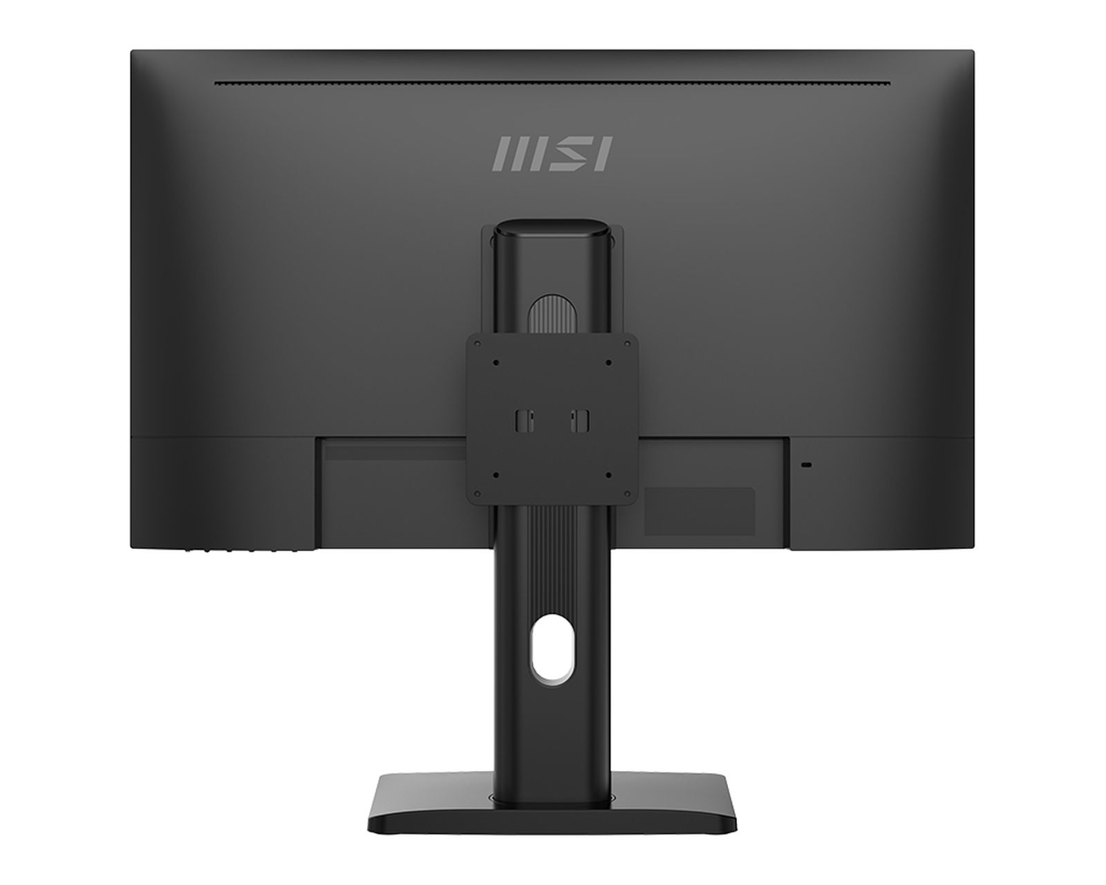 Czarny monitor MSI, widok z tyłu. Monitor na podstawie. Logo MSI i porty widoczne.