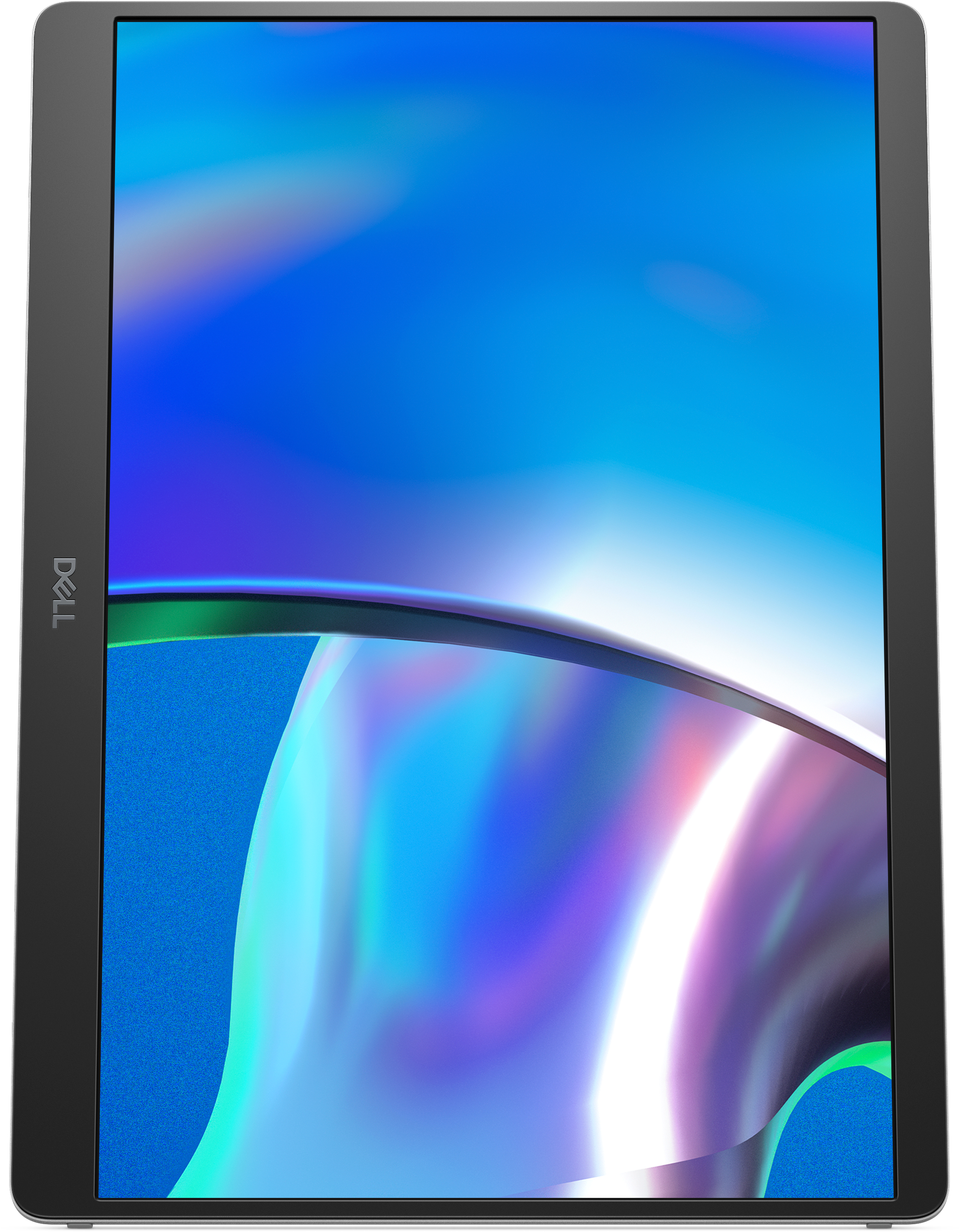 Tablet Dell z ekranem wyświetlającym abstrakcyjne kolory niebieskie i białe. Czarna ramka, białe tło.