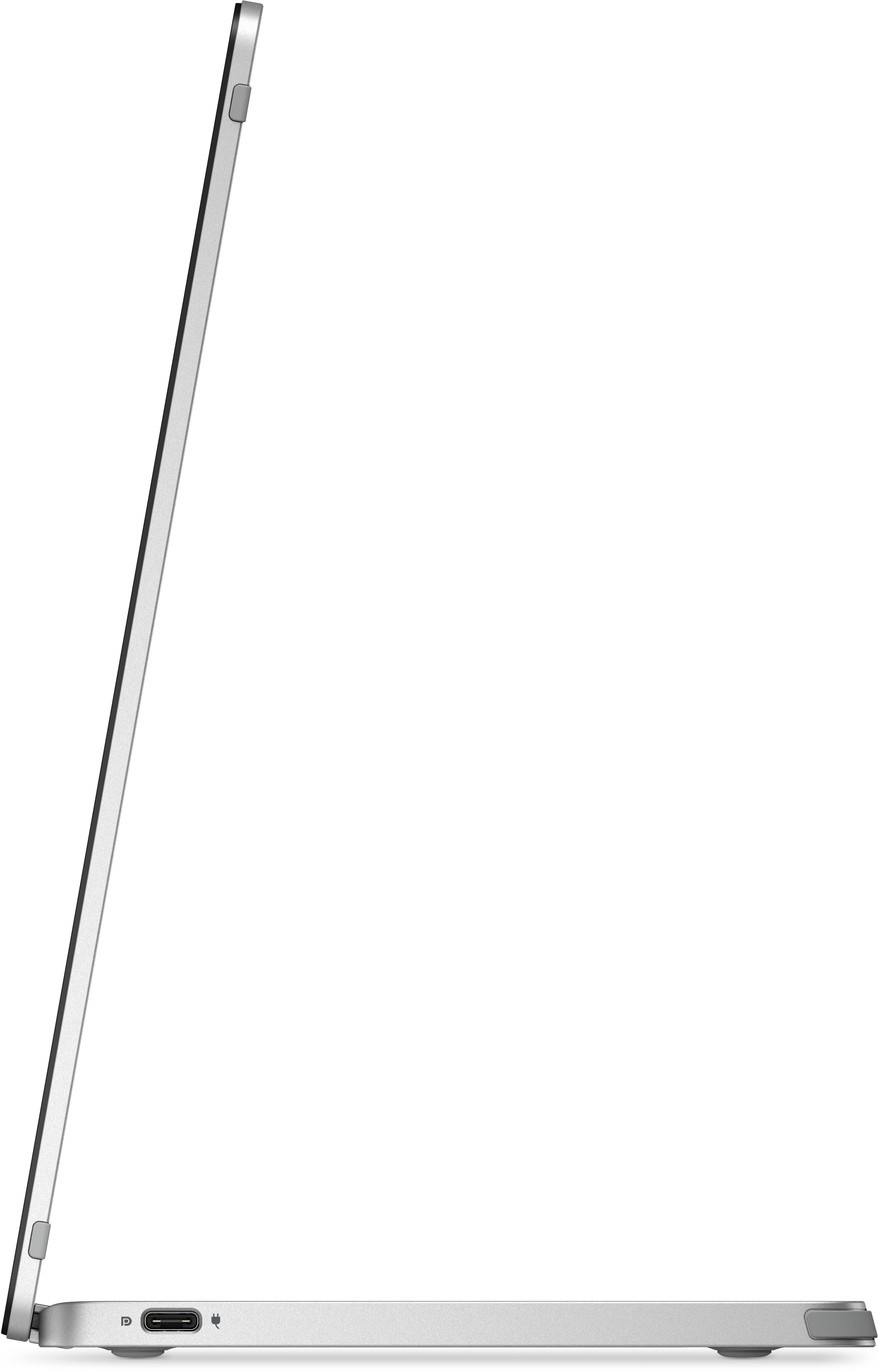 Widok z boku srebrnego laptopa, pokazujący jego smukły profil i porty.