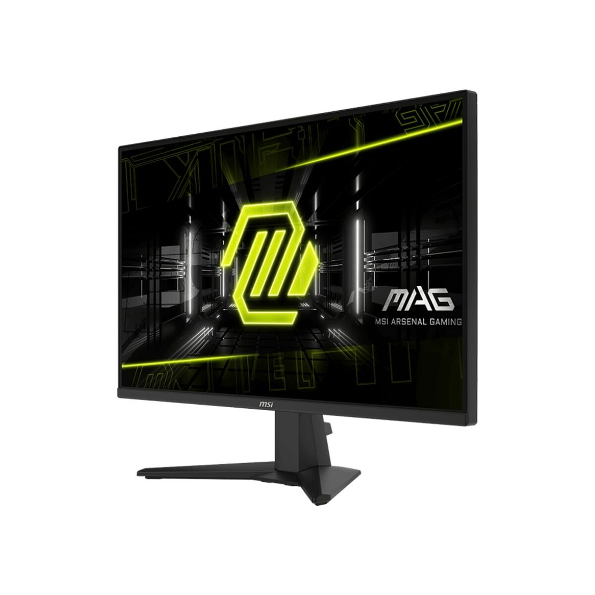 Monitor MSI z czarną ramką i neonowo-zielonym logo na czarnym ekranie, ustawiony pod kątem w prawo.