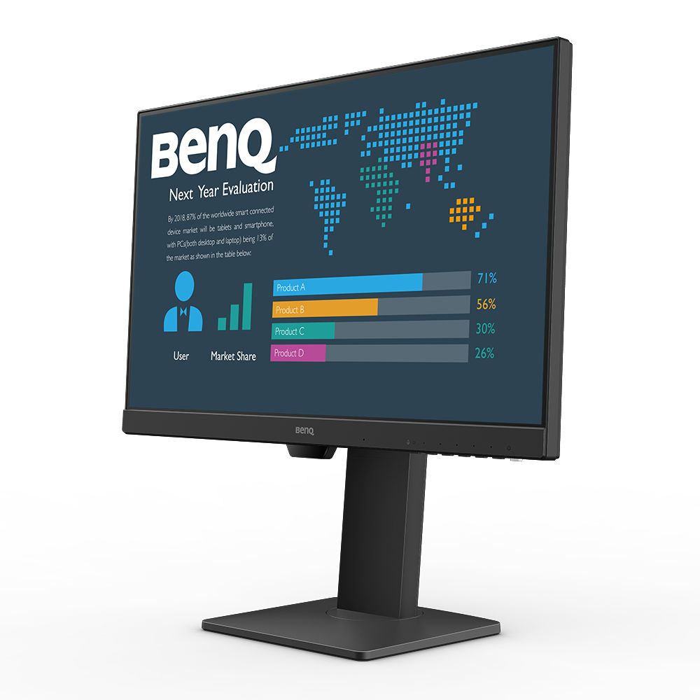 Een BenQ-monitor met een wereldkaart en gegevens. De monitor staat op een zwarte standaard.