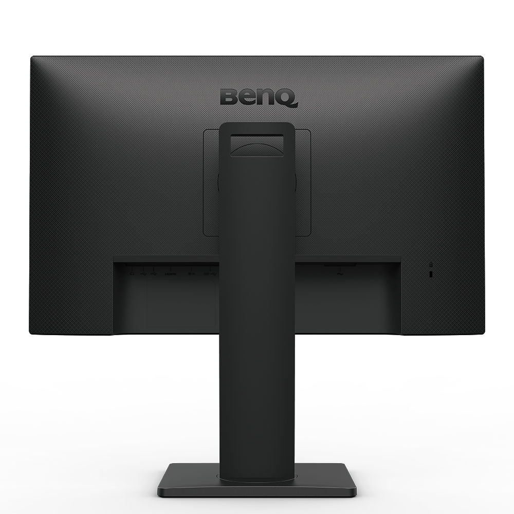 Achterkant van de BenQ monitor. Zwart met poorten onderaan en een zwarte standaard.