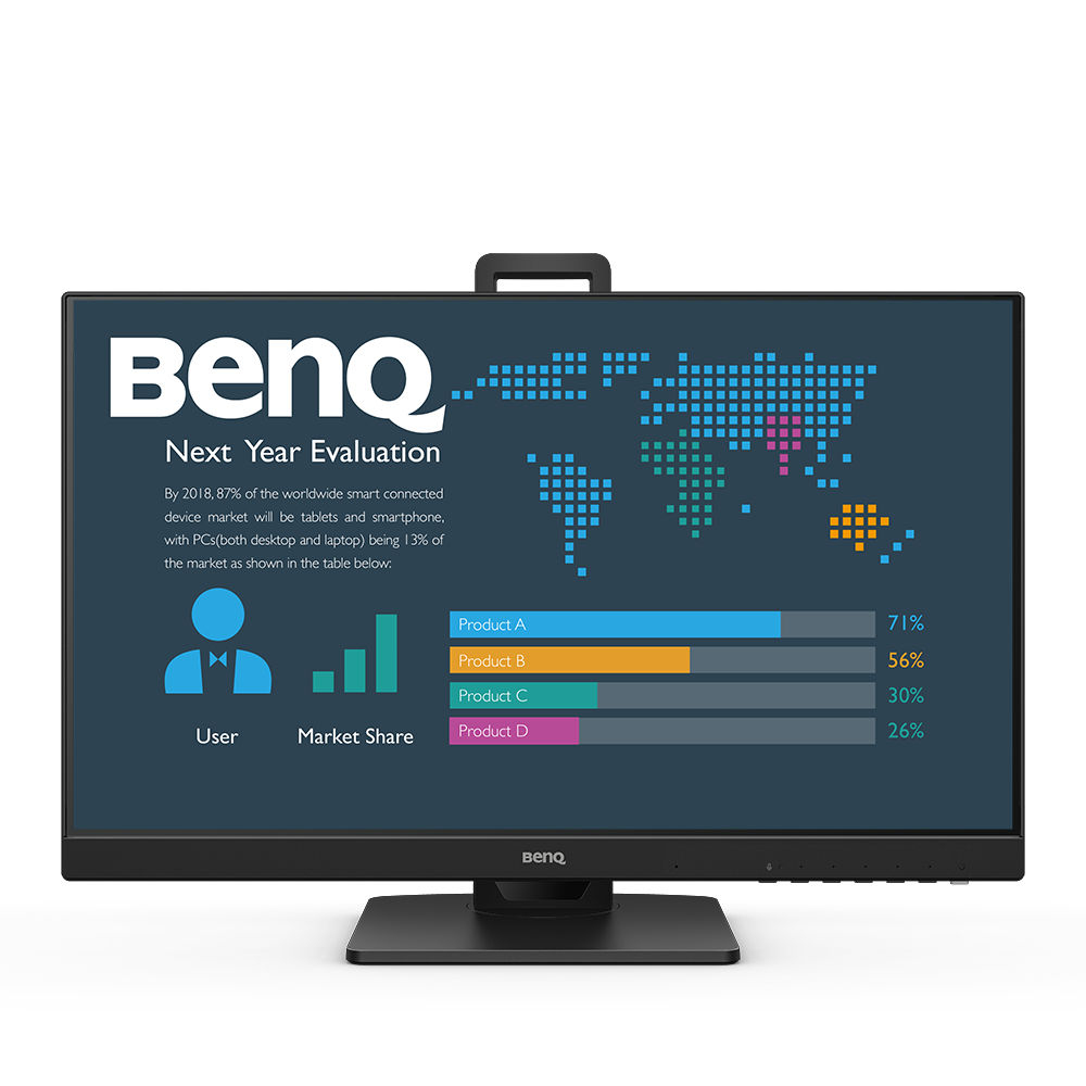 Een BenQ-monitor toont een wereldkaart en grafieken met marktaandeelgegevens. De achtergrond is wit.