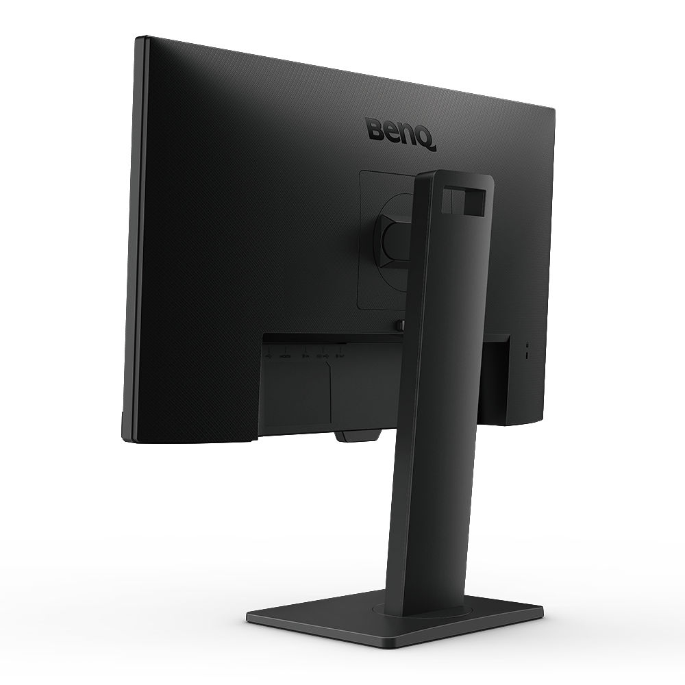 Achterkant van de BenQ monitor, zwart en effen met poorten en een standaard.