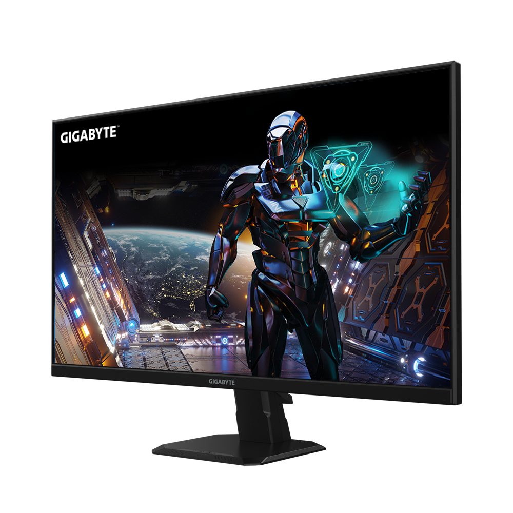 Un monitor de juegos con un hombre con traje futurista en la pantalla, base negra.