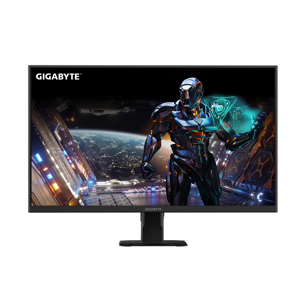 Un monitor de juegos Gigabyte muestra una escena futurista con un cyborg y luces de la ciudad.