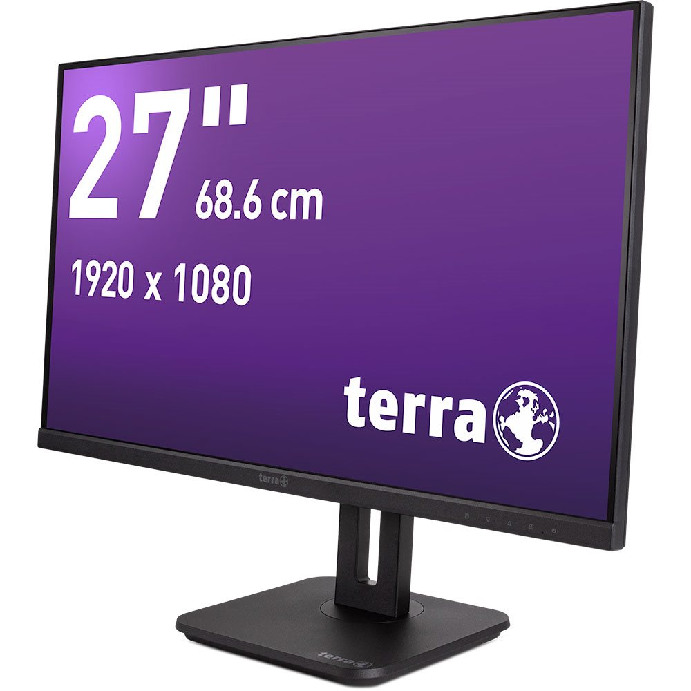 Un monitor Terra da 27 pollici che mostra testo su sfondo viola, posizionato su un supporto nero.