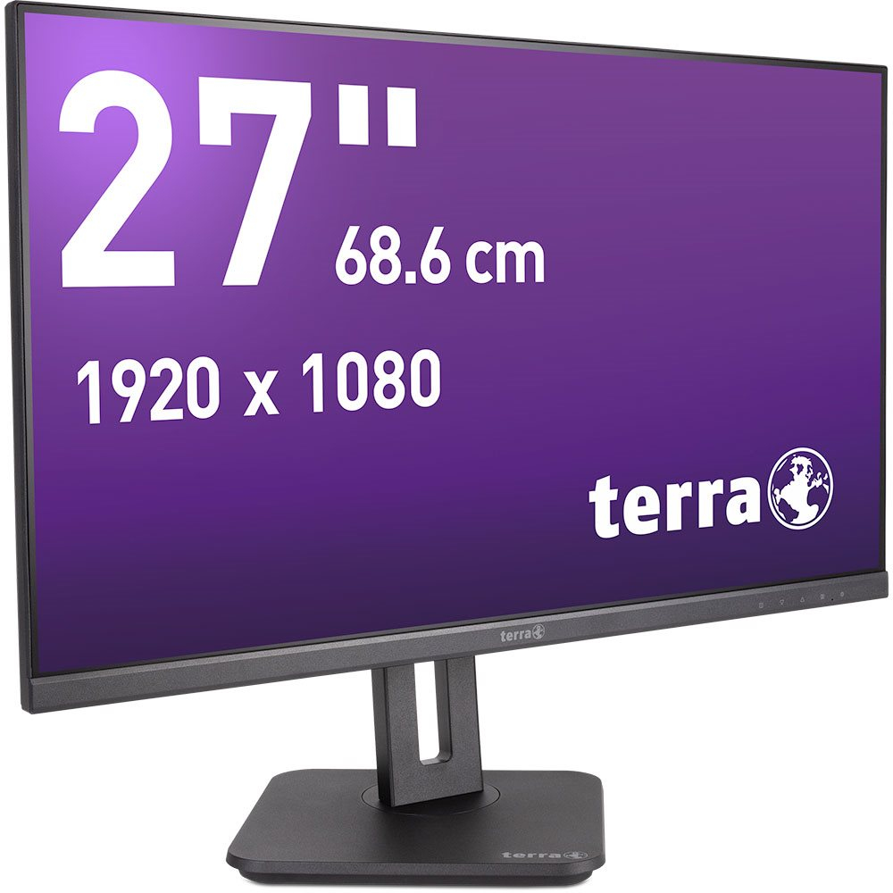 Monitor da 27 pollici. Testo: 1920x1080, 68,6 cm. Marca: terra.
