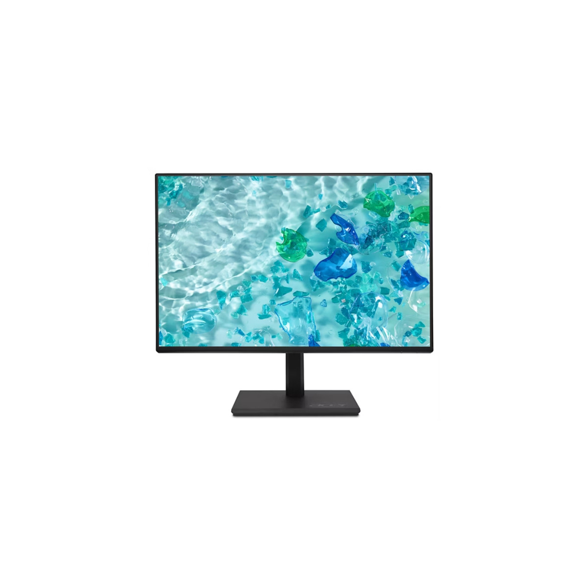 Computer monitor on a stand, displaying a vibrant, abstract water scene.