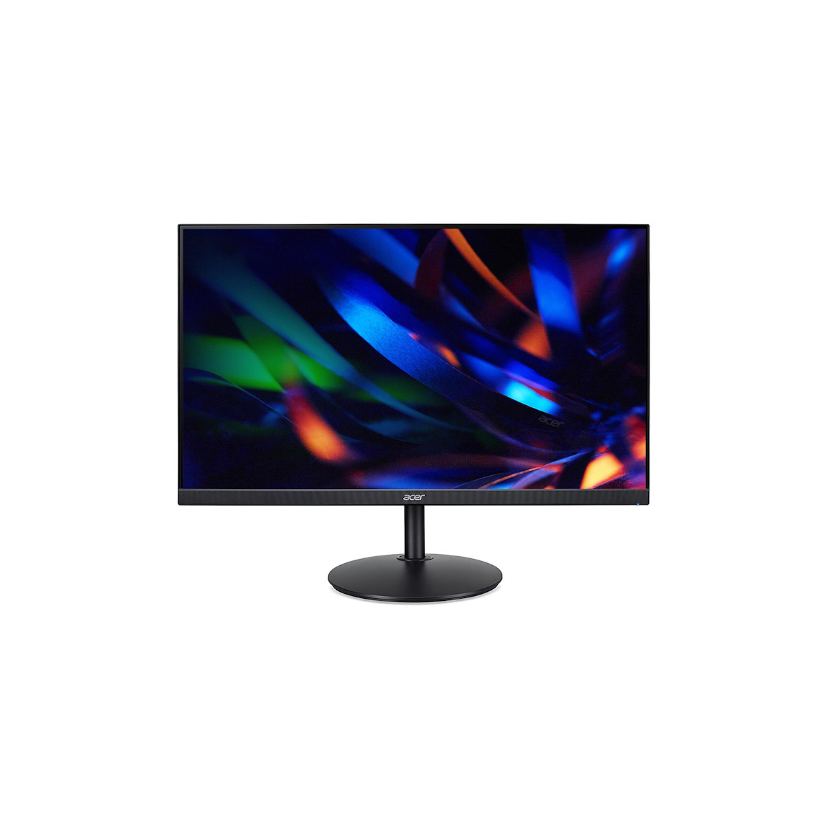 Acer-Monitor mit schwarzem Rahmen und Ständer. Anzeige zeigt farbenfrohes Bild. Weißer Hintergrund.