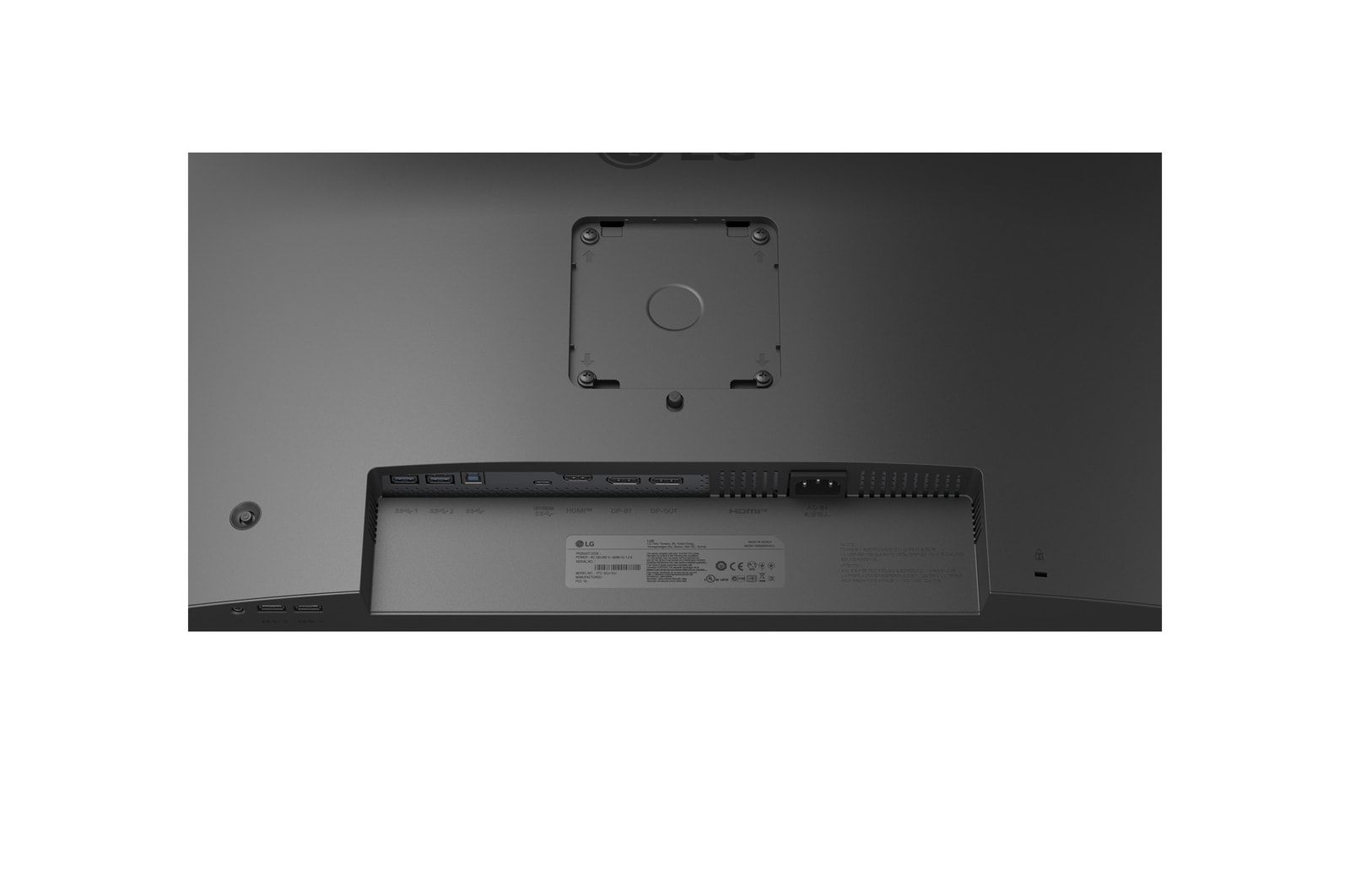 Tył szarego monitora z różnymi portami i etykietami.