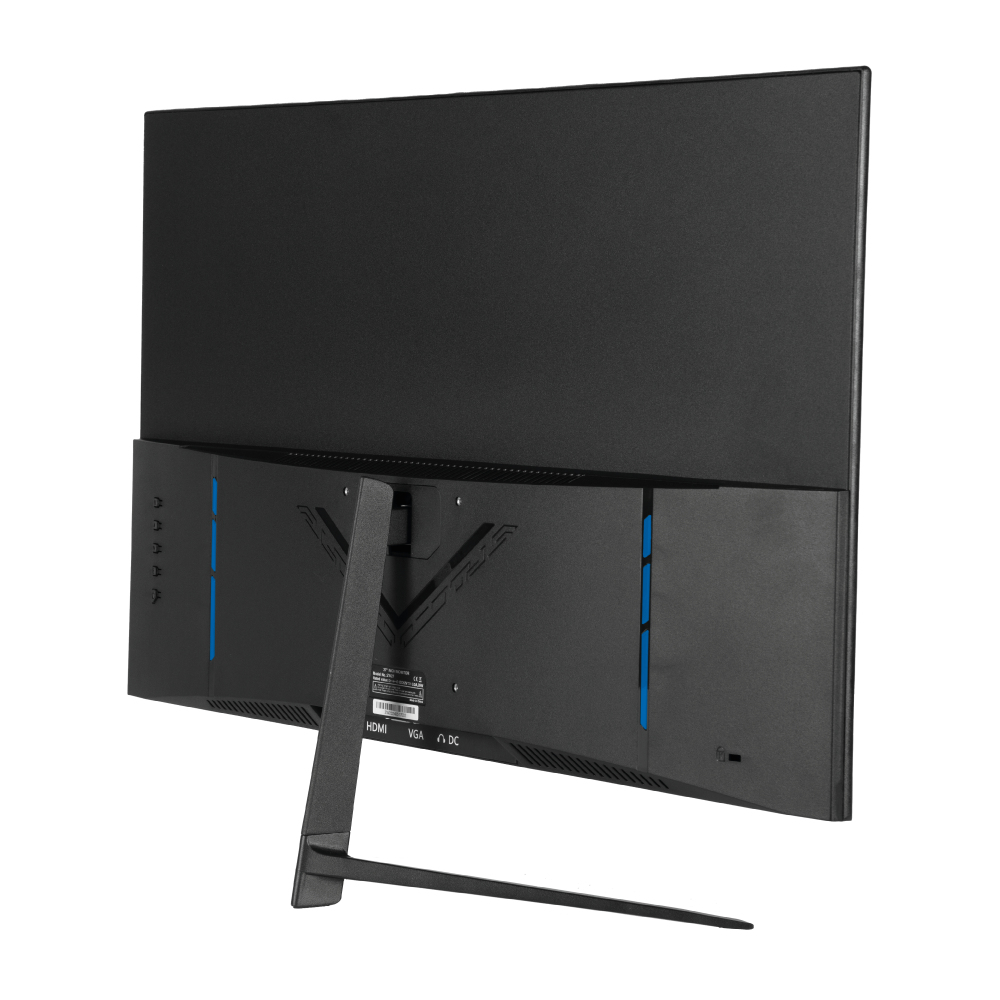 Vista posteriore di un monitor nero con supporto, accenti blu.