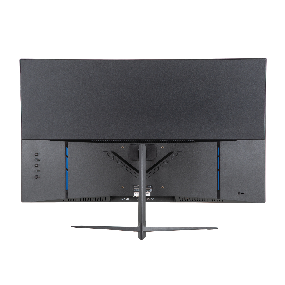 Vista posteriore di un monitor curvo con porte, supporto e accento blu.